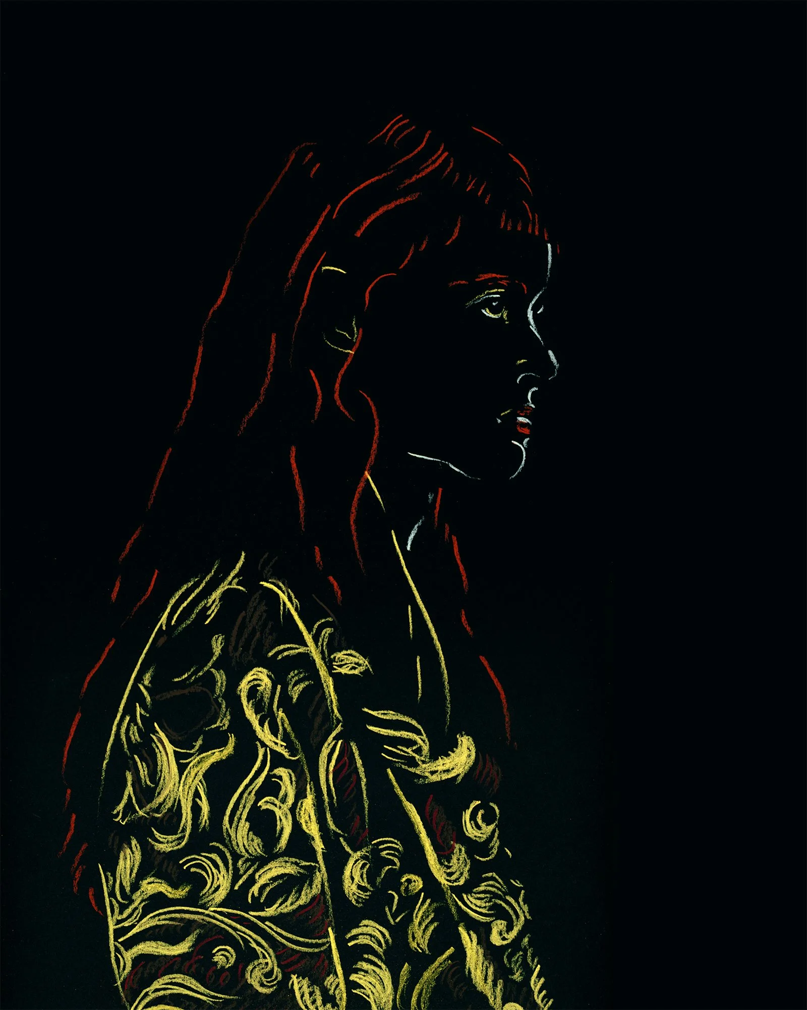 Chalk pastel drawing of a woman wearing a Dries Van Noten jacket by Ioana Friedman, 2026