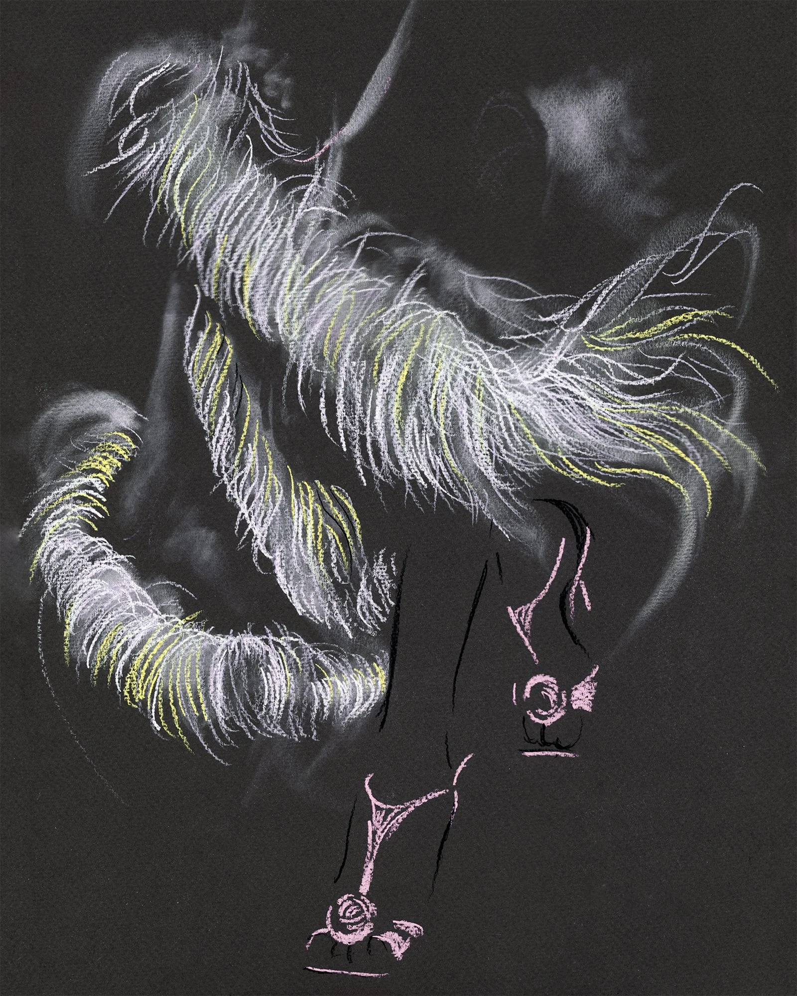 Detail study of Dior couture dress with feathered texture, emphasizing volume, movement, and material finish