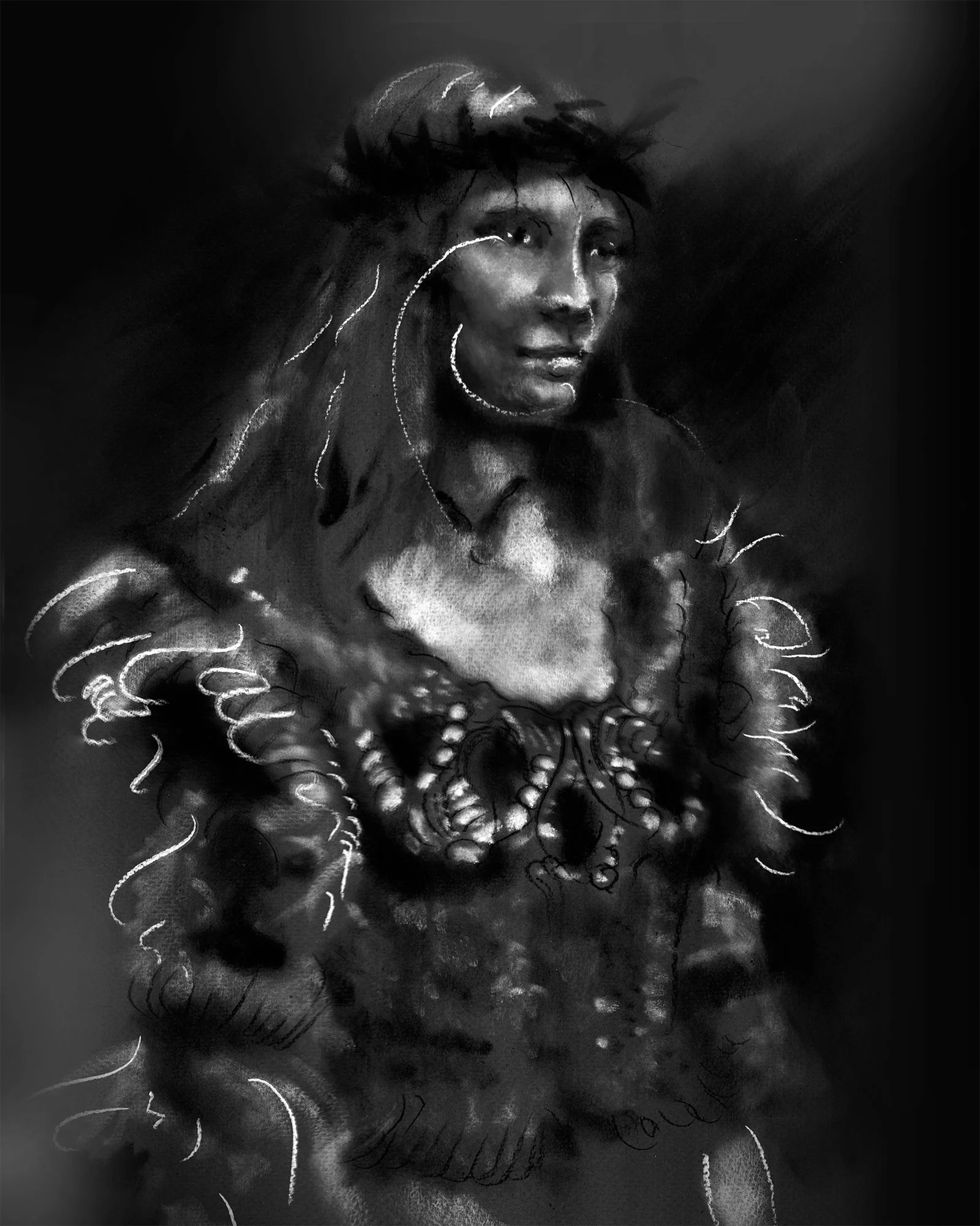 Fashion-inspired black-and-white portrait drawing of a woman in an ornate textured garment by Ioana Friedman.