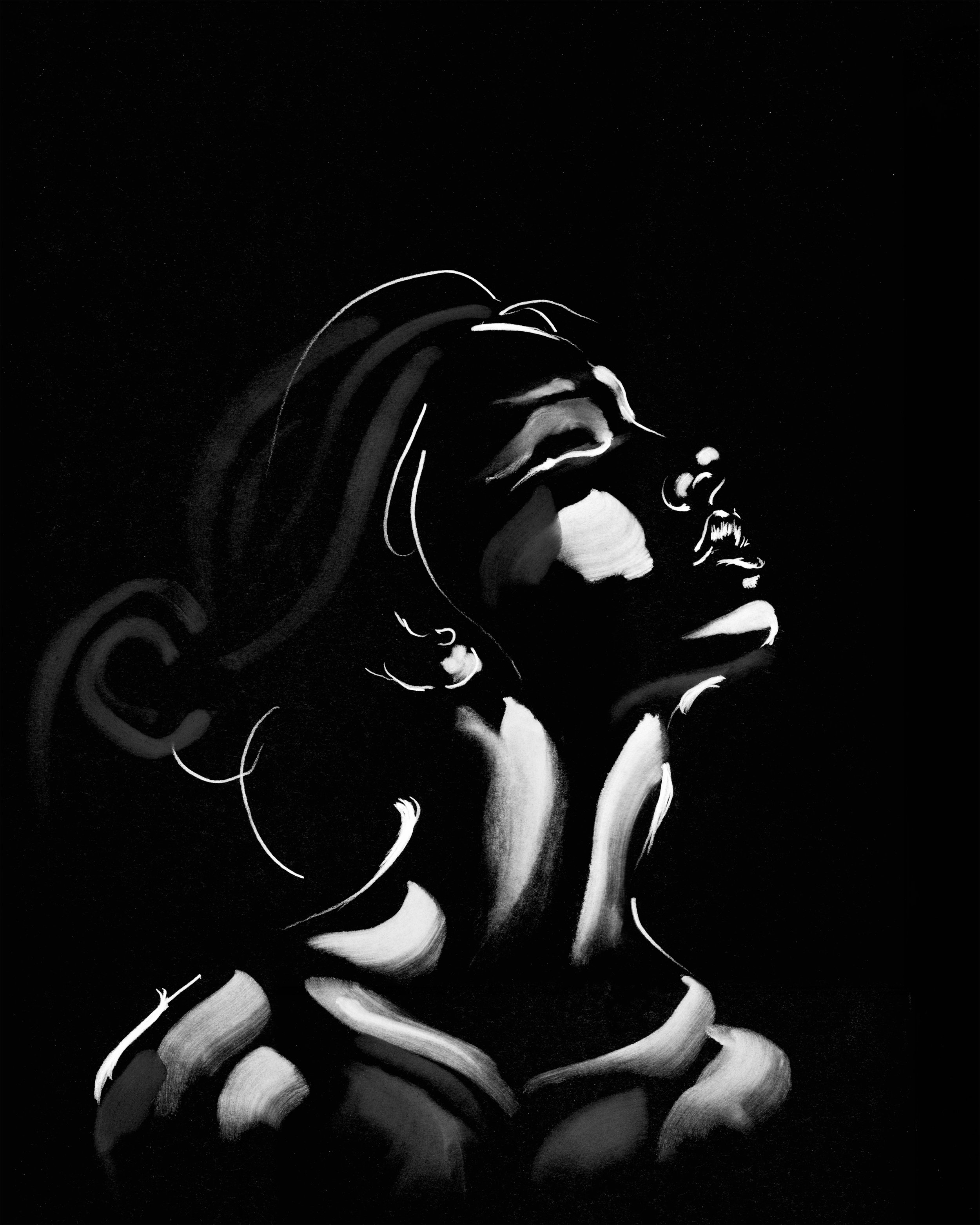 Black-and-white drawing of a woman with her face lifted upward, created as part of Ioana Friedman’s fragrance editorial series.