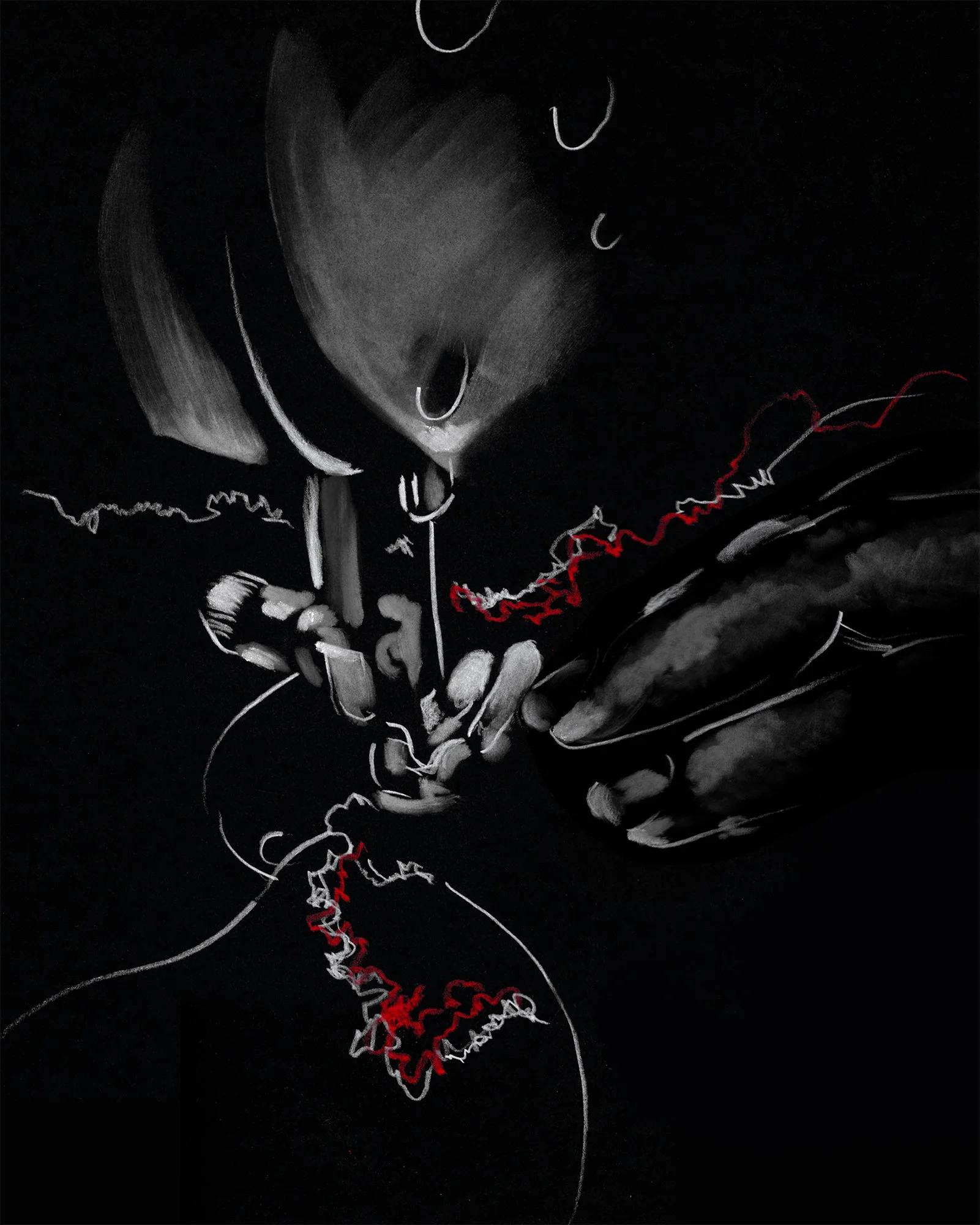 Close-up drawing of hands guiding fabric through a sewing machine with red thread, studying garment construction and stitch detail