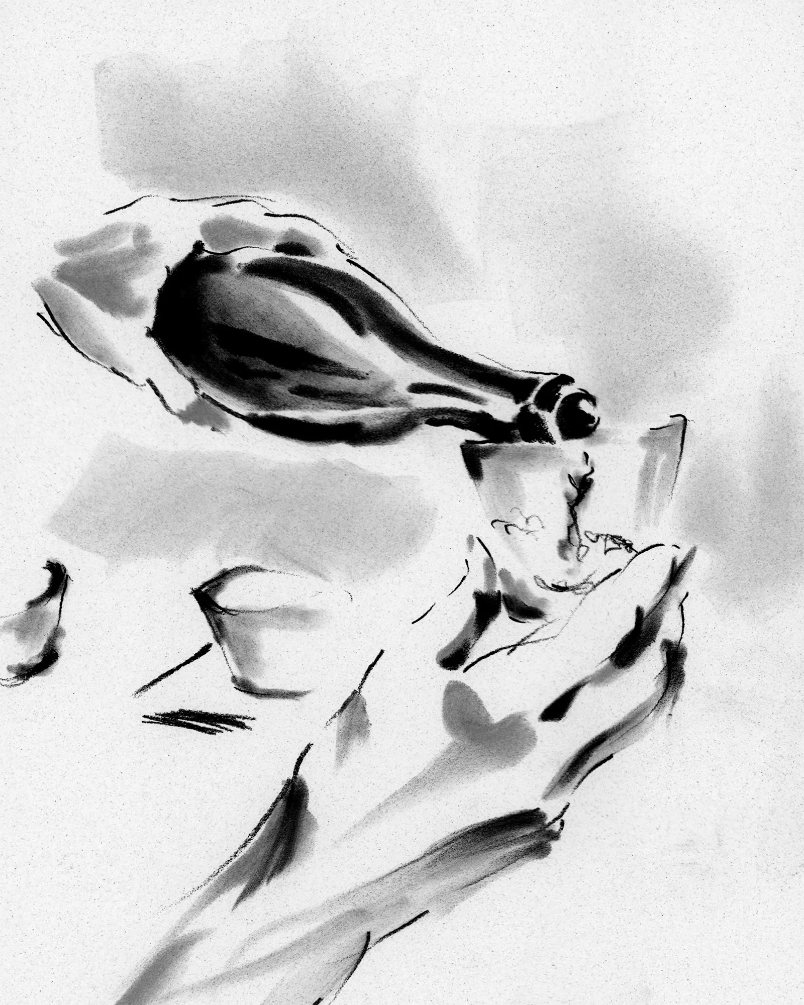 Black-and-white drawing of a hand pouring champagne into a coupe at Lili The First’s 2026 NYC Pride party by Ioana Friedman.