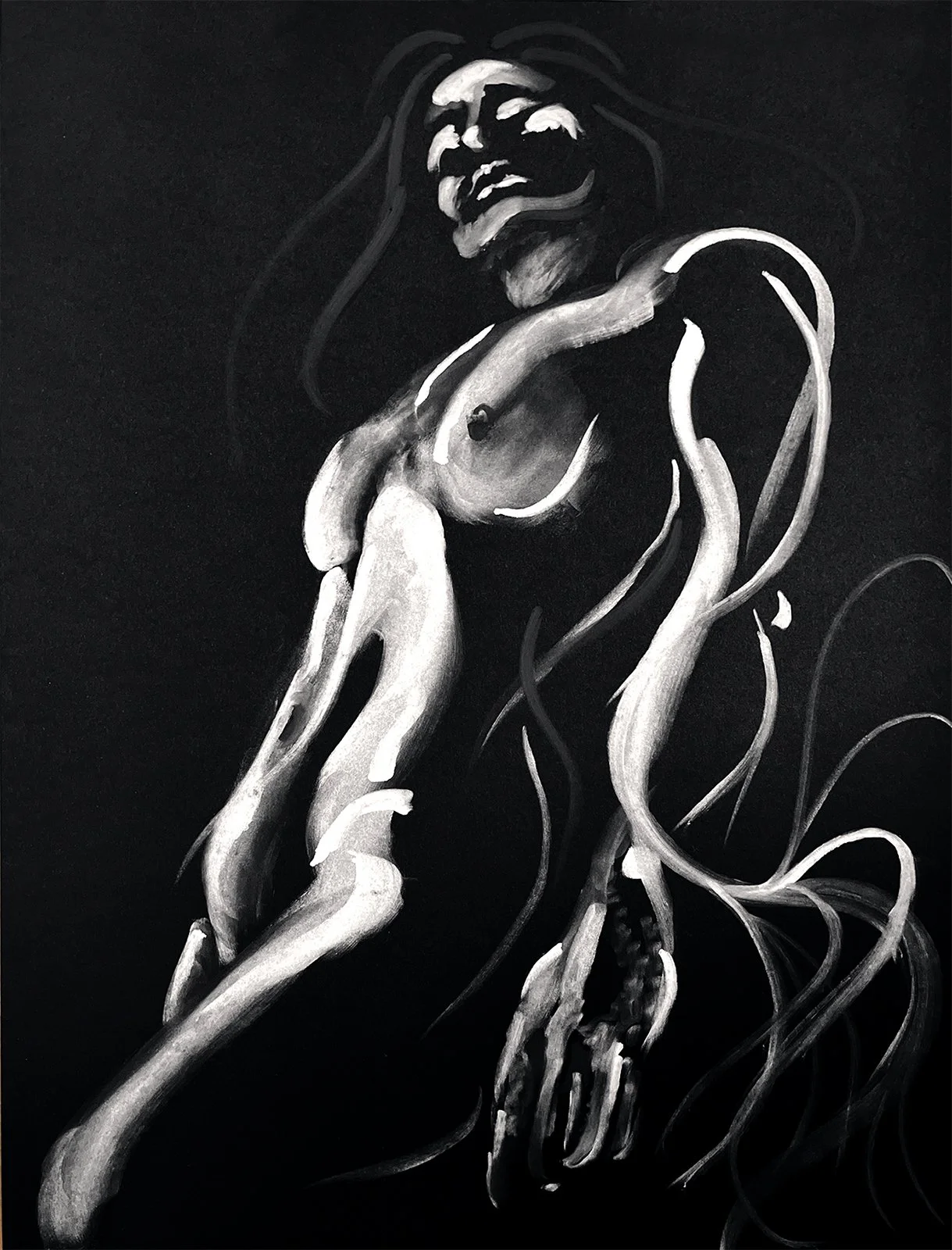Expressive full-figure portrait drawing of a woman in black and white by artist Ioana Friedman.