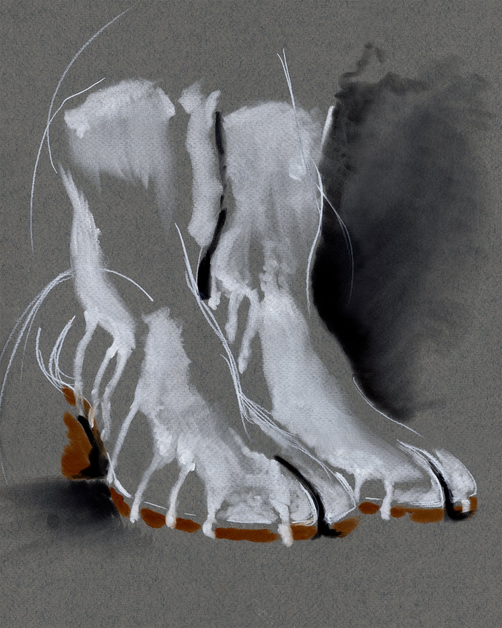 Maison Margiela boots illustration, sculptural footwear rendered in soft tonal transitions with a brown heel accent