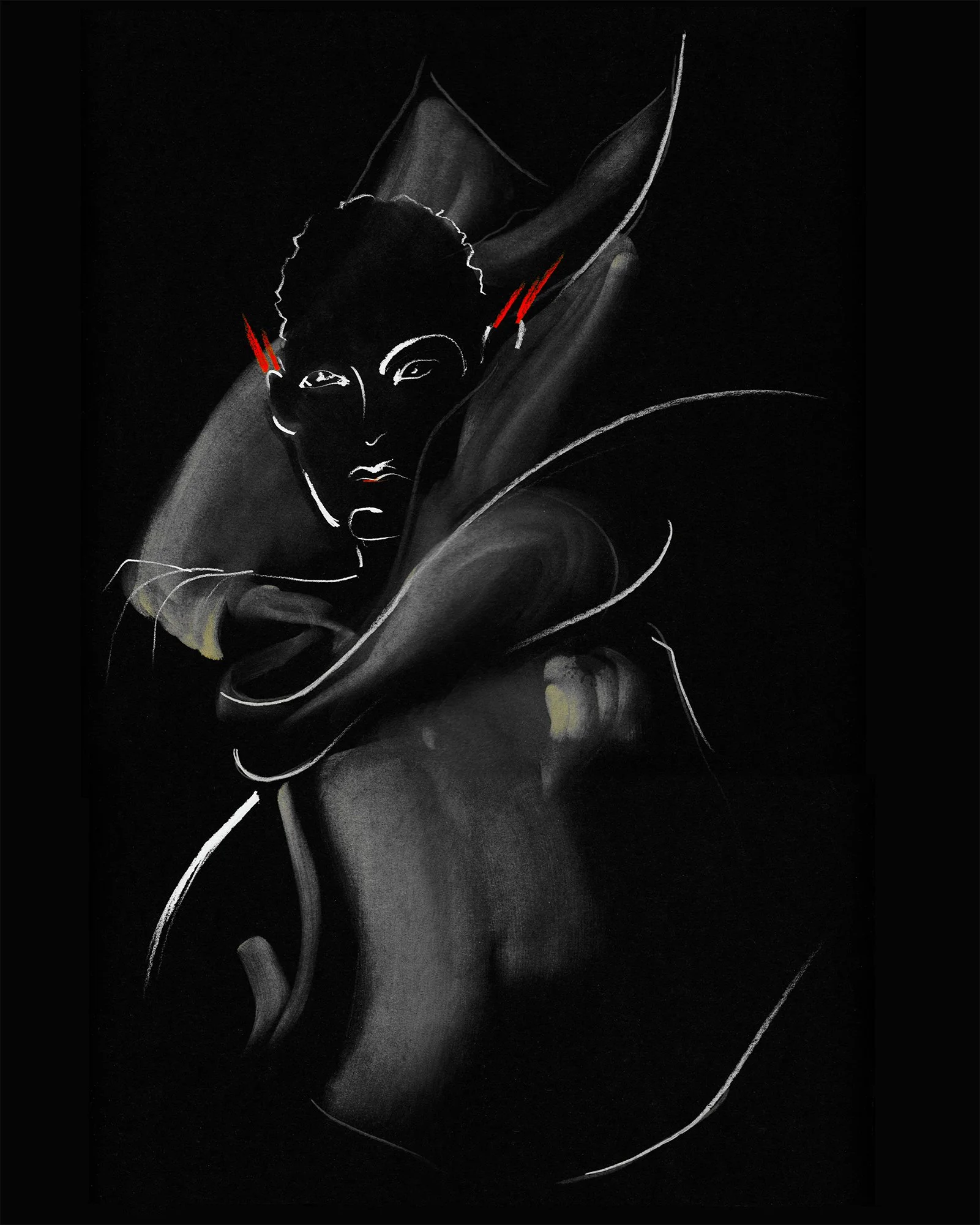 Illustration of Rick Owens look with architectural collar, emphasizing structure, tension, and facial framing