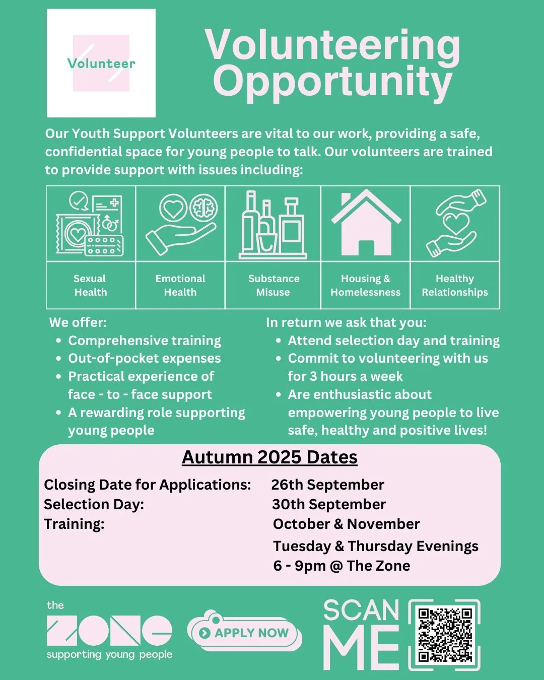 🌟 Volunteer with The Zone 🌟

Looking to make a real difference while gaining valuable skills? We are seeking dedicated volunteers to join our team. No prior experience is necessary&mdash;just a commitment to making a positive impact.

🕒 Commitment