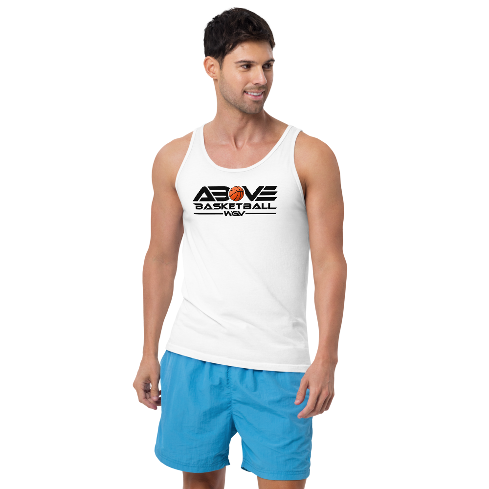 Model wearing the white Above Basketball WGV logo tank, front view