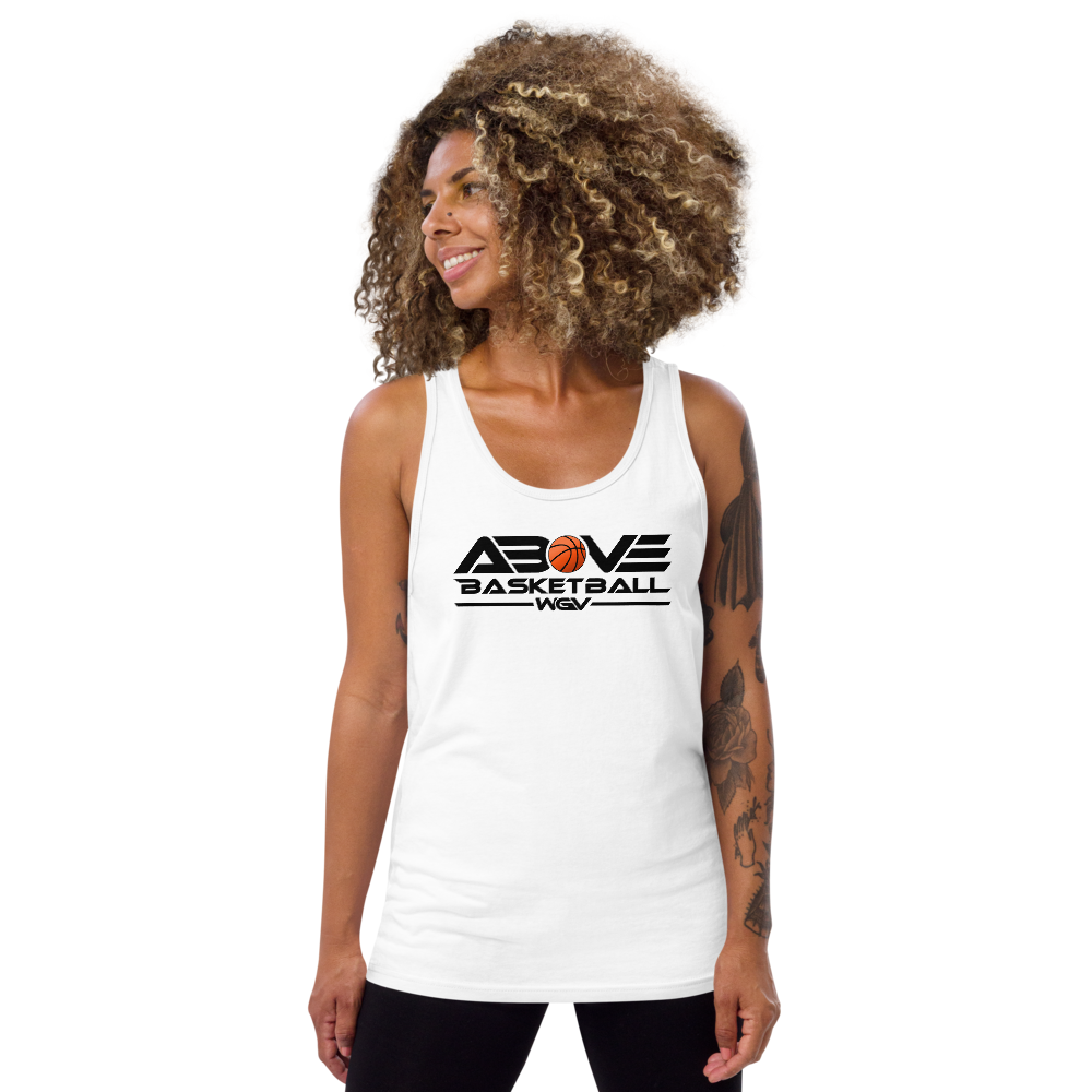 Woman wearing the white Above Basketball WGV logo tank, front view