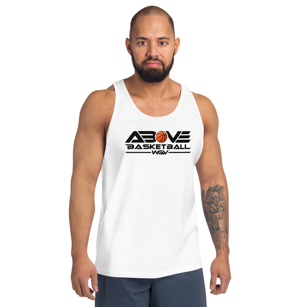 Bearded model in the white Above Basketball WGV logo tank, front view