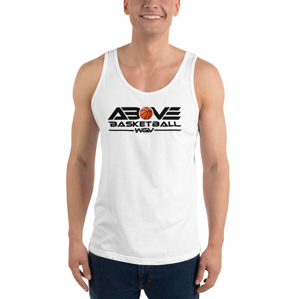 Smiling model in the white Above Basketball WGV logo tank, front view