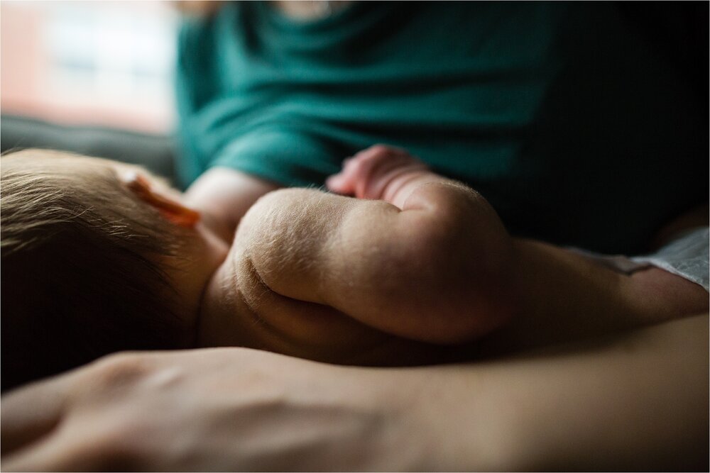 Close up detail of the lanugo, fine hair on baby boy, as he nurses with mommy, breastfeeding portrait, Philadelphia Newborn Photographer