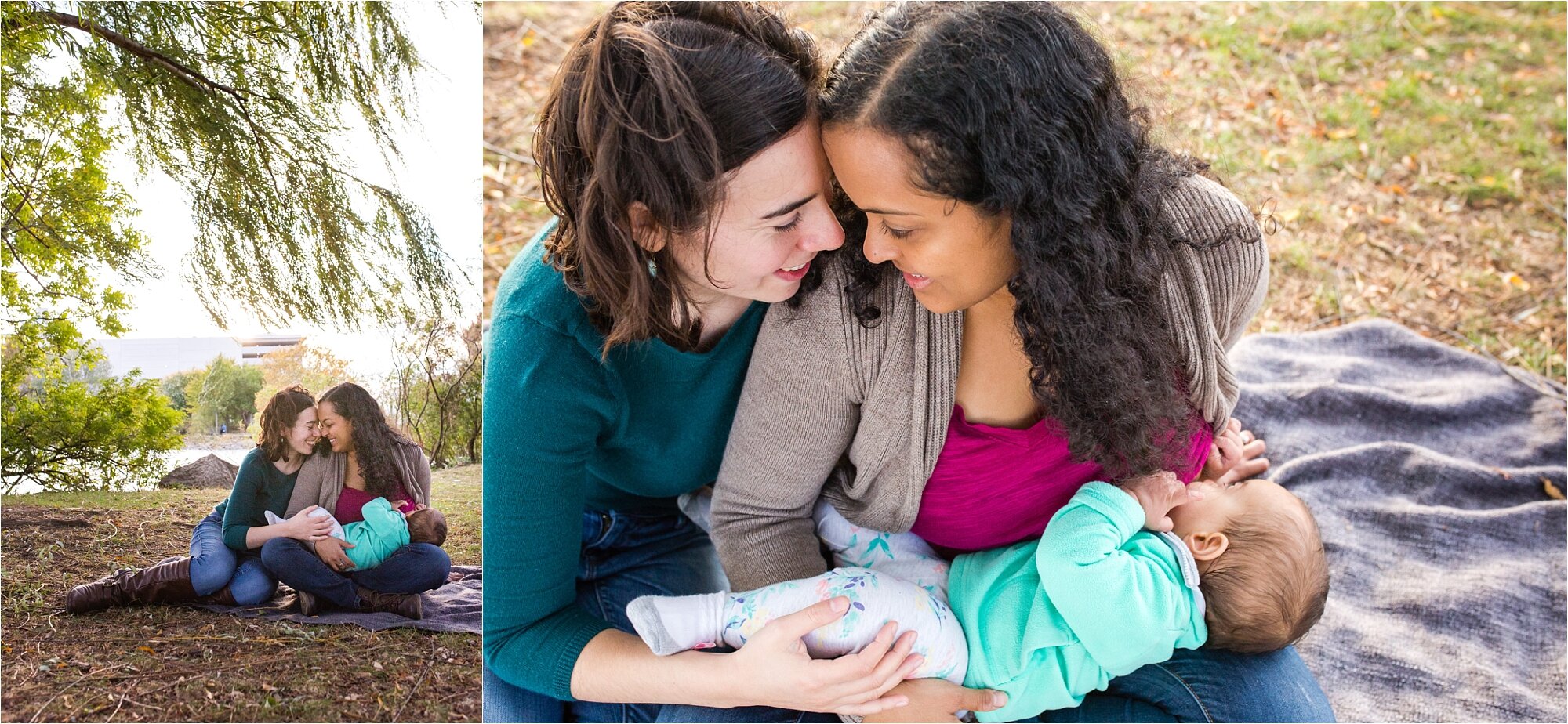 Lesbian gay mommies are sweet and laugh together while nursing their baby daughter under the willow trees, Family Photographer Philadelphia