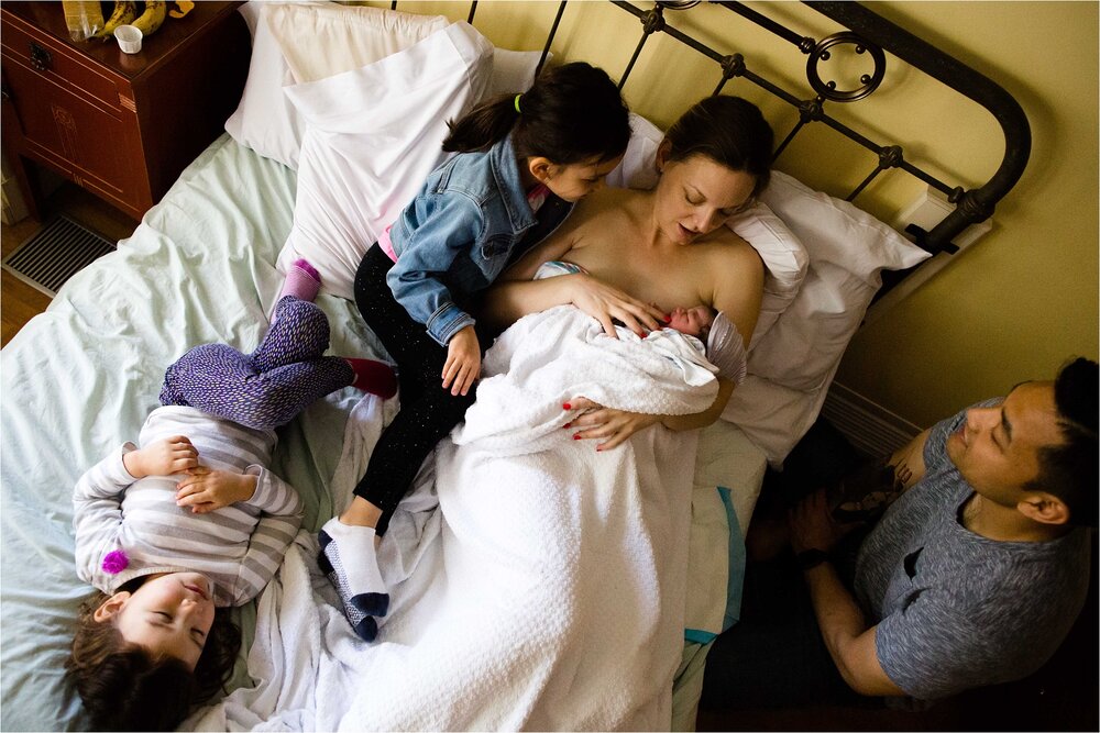 Portrait of a new family of five after new baby is born, Philadelphia birth center photographer