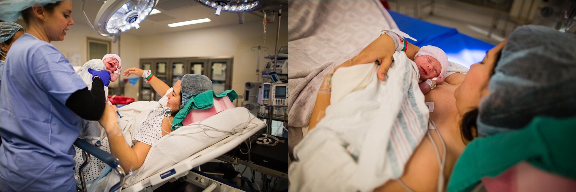 Nurse hands new baby to mom, skin to skin for the first time after being born c-section, Philadelphia Birth Photographer