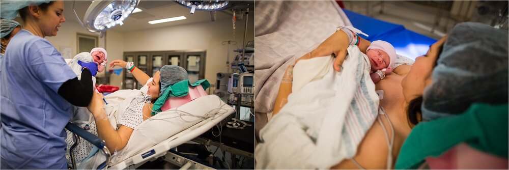 Nurse hands new baby to mom, skin to skin for the first time after being born c-section, Philadelphia Birth Photographer