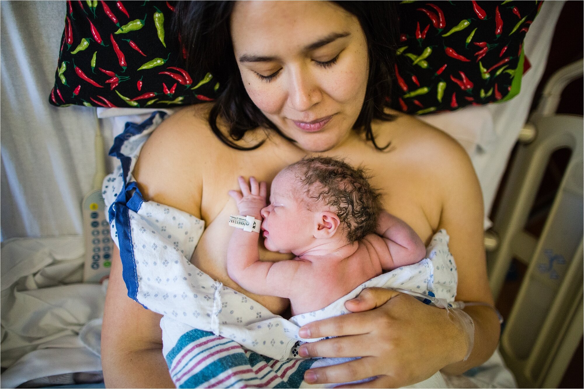 Portrait of mother and new baby skin to skin after born c-section, Philadelphia Birth Photographer