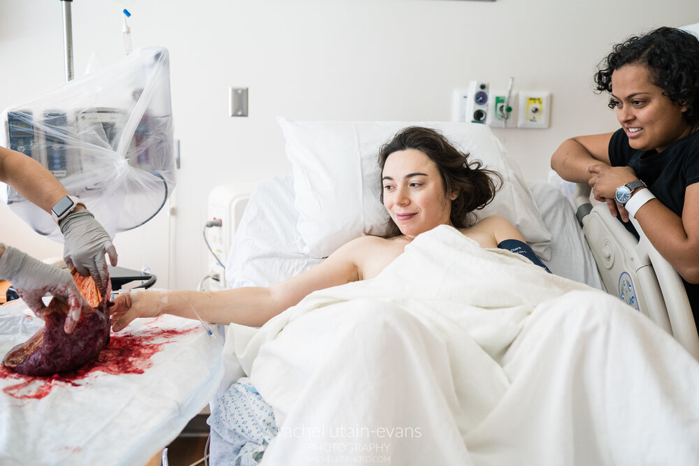 Mother reaches over to touch her placenta as her wife watches, Philadelphia Birth Photographer