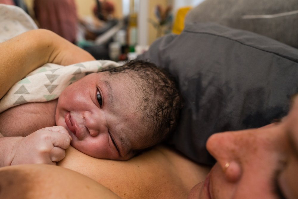 Minutes old baby looks into camera, skin to skin with mom after home birth