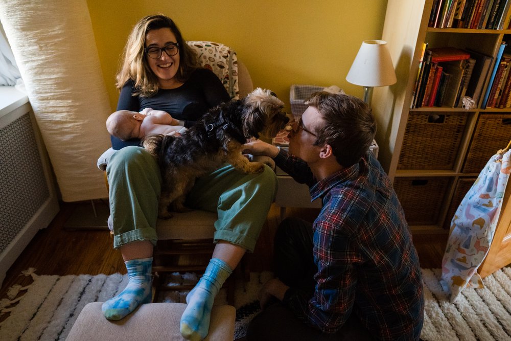 Mom nurses baby and laughs at dad kisses dog on her lap, Philadelphia documentary photography