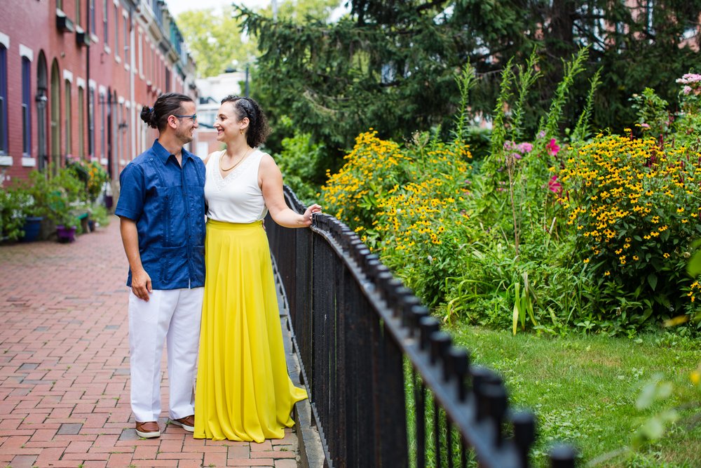 Bride and groom take wedding portraits on garden block, graduate hospital, Philadelphia wedding photographer