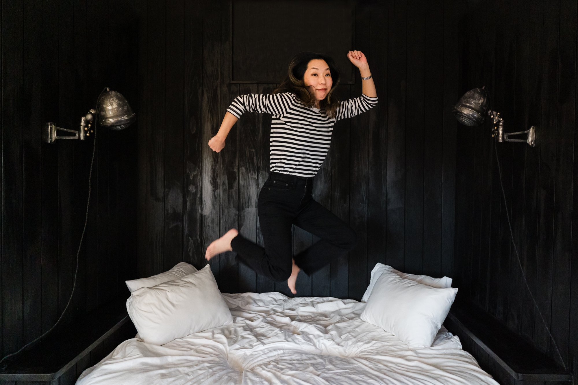 I saw her in those black and white stripes and said &quot;how do you feel about jumping on the bed?&quot; 😄

#photographershavingfun