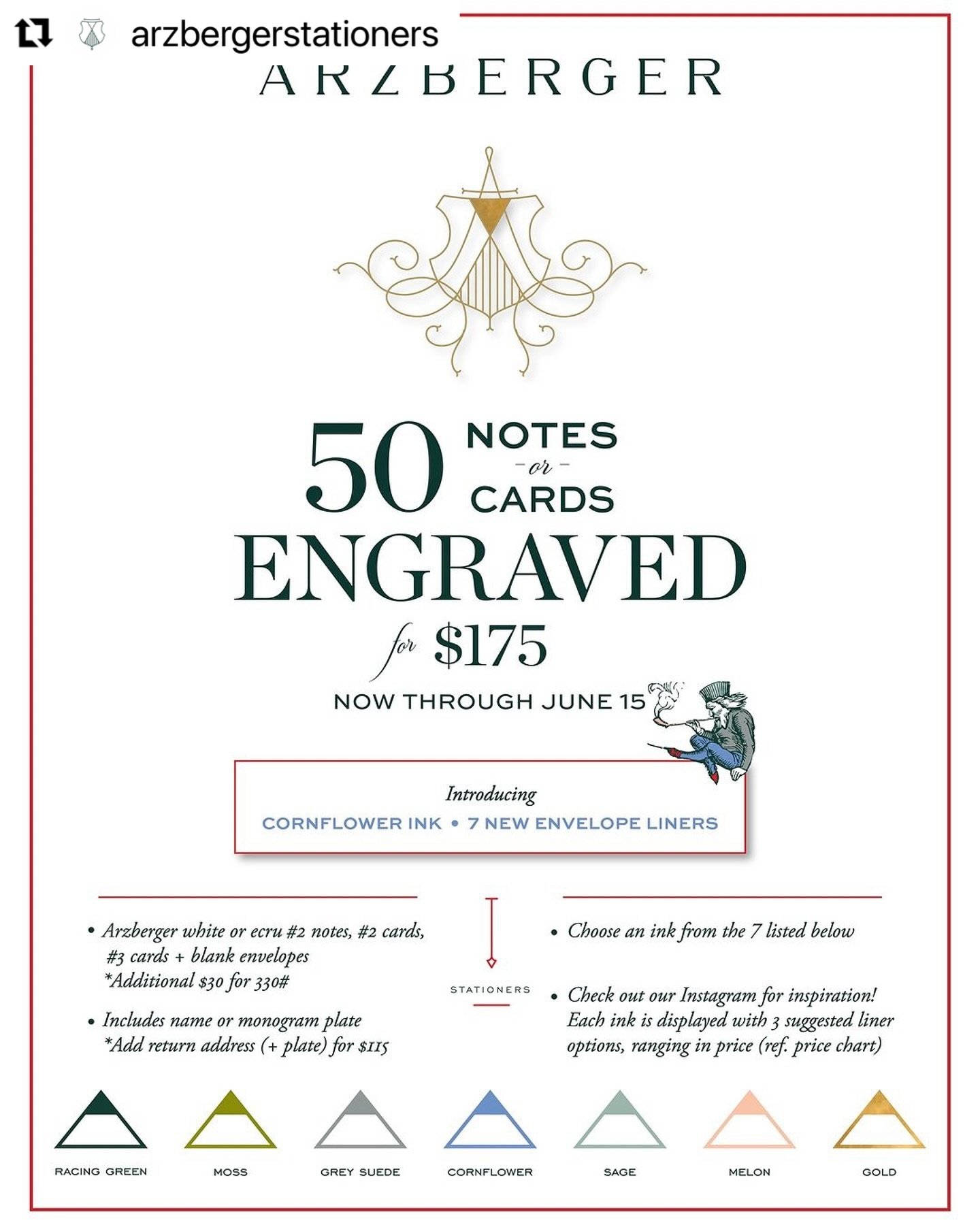 Arzberger engraving sale! 🔔 Now through June 15th, get 50 engraved notes or cards for $175! 

See graphic for the fine print. Happy Friday! 

#arzberger #arzbergerstationers #stationery #customstationery #paper #charlottenc #charlottesmallbusiness #