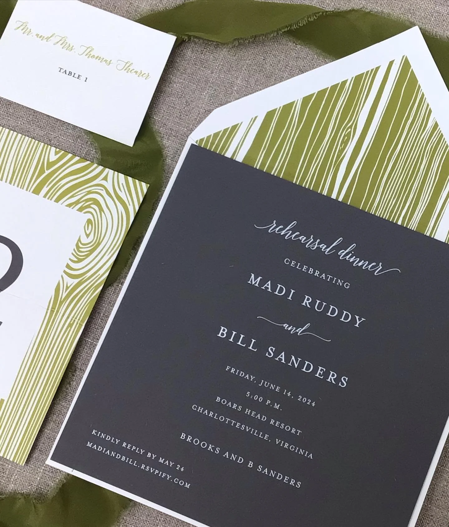 we love the wood details, in a chartreuse pop of color, that we used on the liner, menus and table numbers. the rehearsal dinner invites are a cool charcoal grey, with white foil thermography, that really tie this modern theme together. #moderndesign