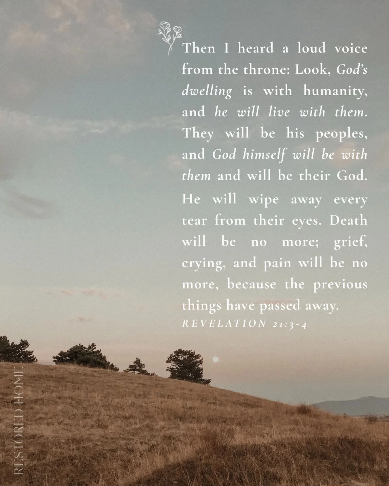 F I N A L  R E S T
Then I heard a loud voice from the throne: Look, God&rsquo;s dwelling is with humanity, and he will live with them. They will be his peoples, and God himself will be with them and will be their God. He will wipe away every tear fro