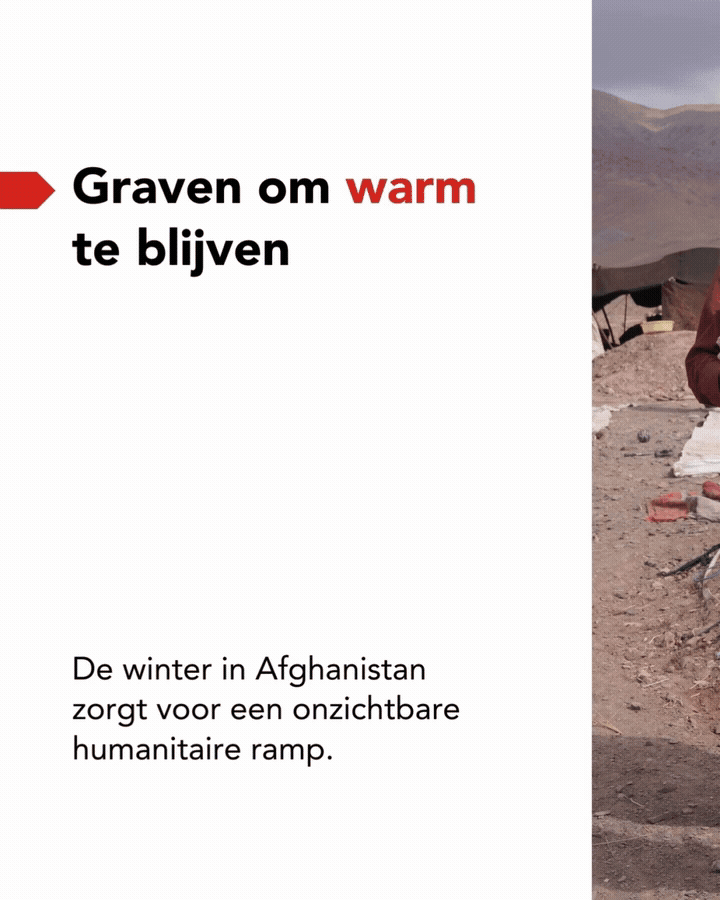 A split screen with text in Dutch on the left and a photo of a person camping in a desert on the right. The Dutch text reads, 'Focus on staying warm. The winter in Afghanistan causes an invisible humanitarian disaster.'