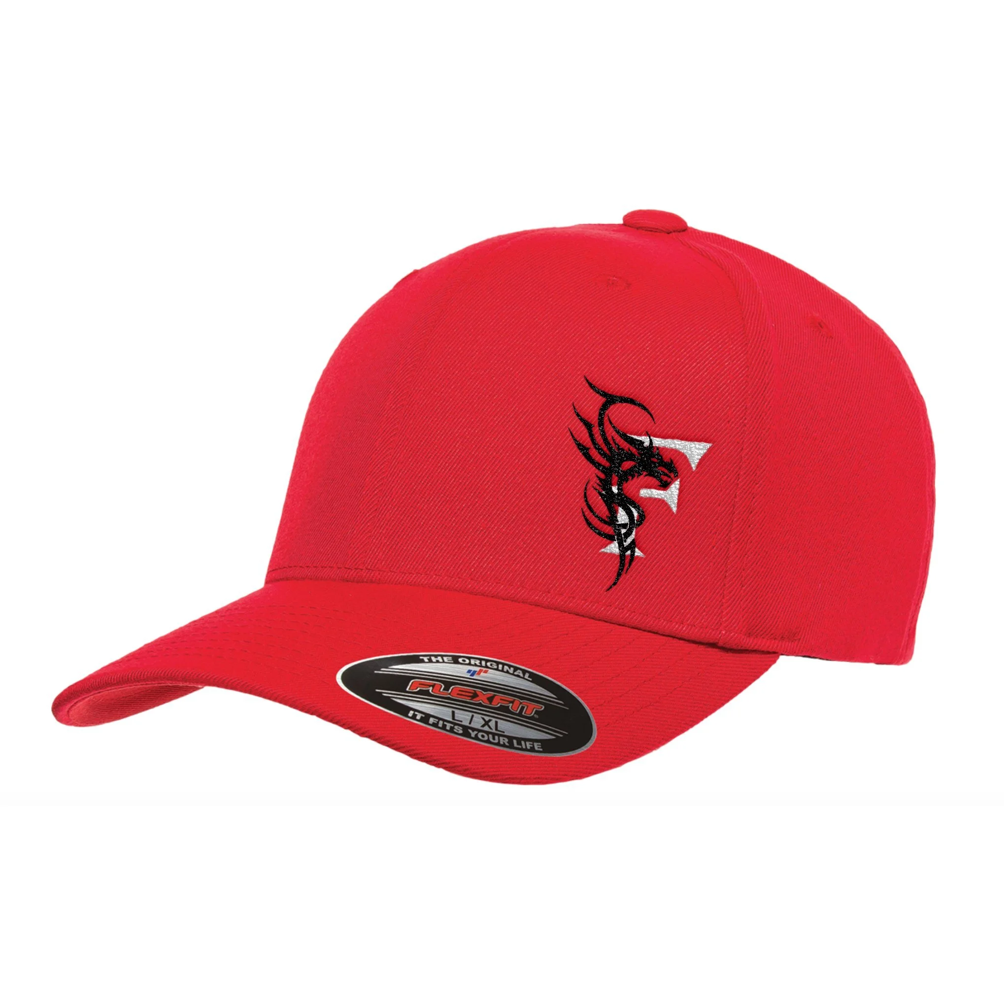 RED FITTED HAT – CURVED BRIM WITH BLACK WELSH DRAGON