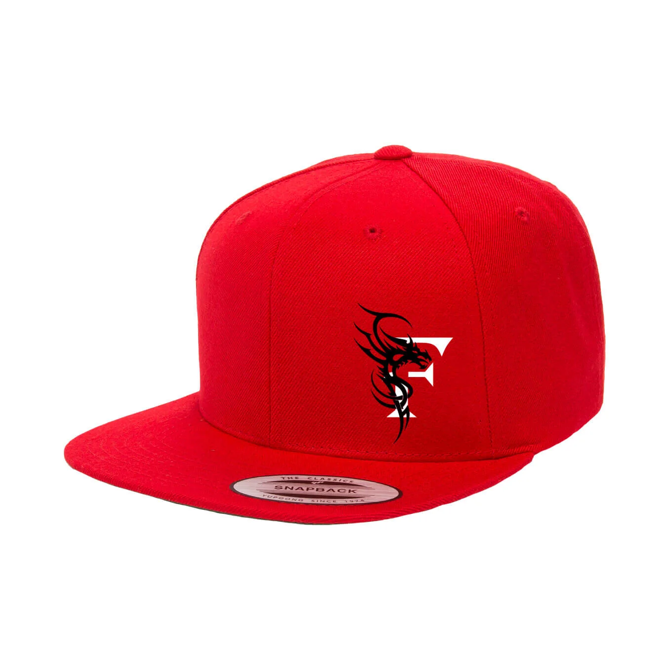 RED FITTED HAT – FLAT BRIM WITH BLACK WELSH DRAGON