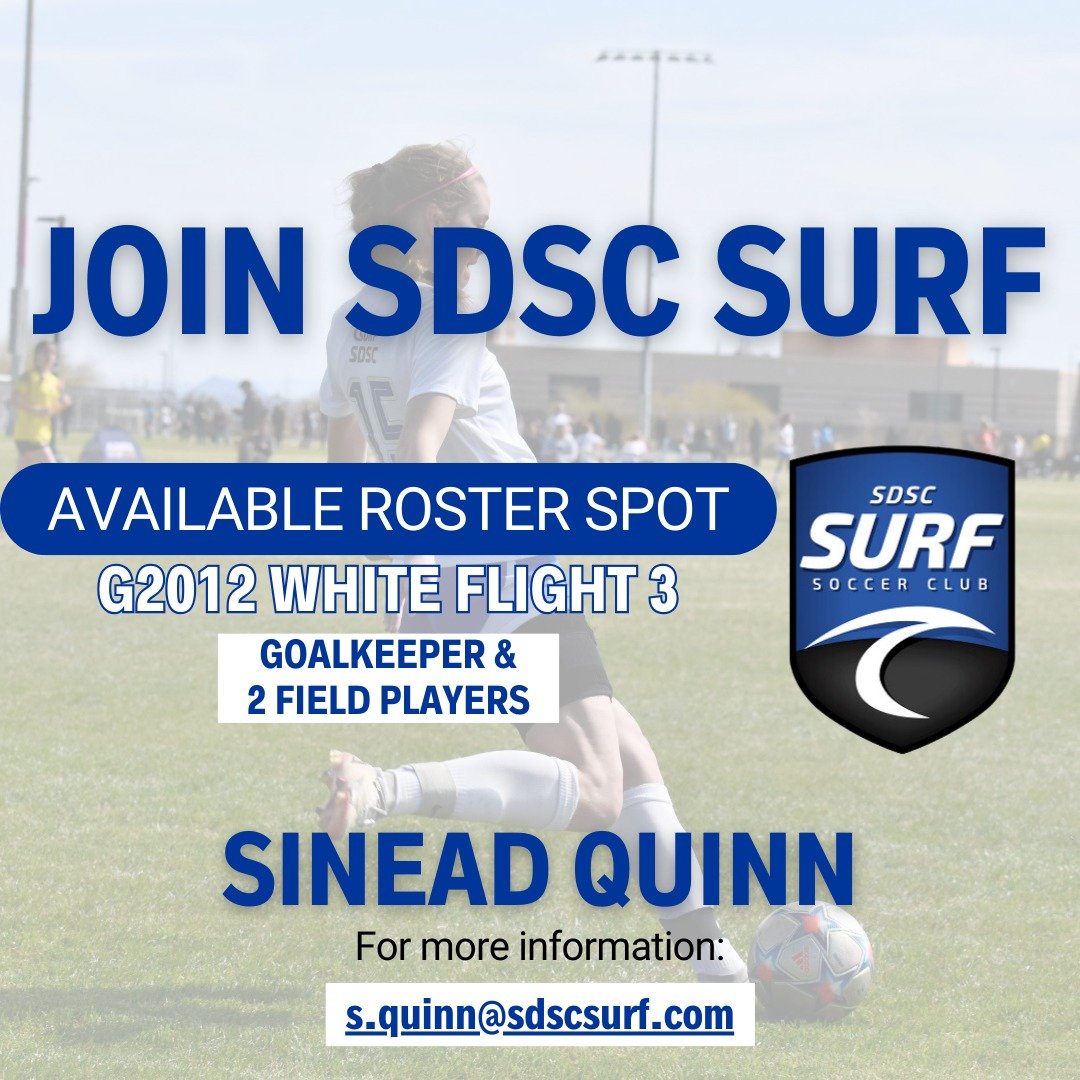 Our G2012 White Flight 3 Team is looking for a GOALKEEPER and 2 FIELD PLAYERS! ⚽

If you are interested in playing contact Coach Quinn at s.quinn@sdscsurf.com to arrange a time to tryout!
.
.
.
#sdsctrained #sdscsurf #girlssoccer #soccerislife #socce