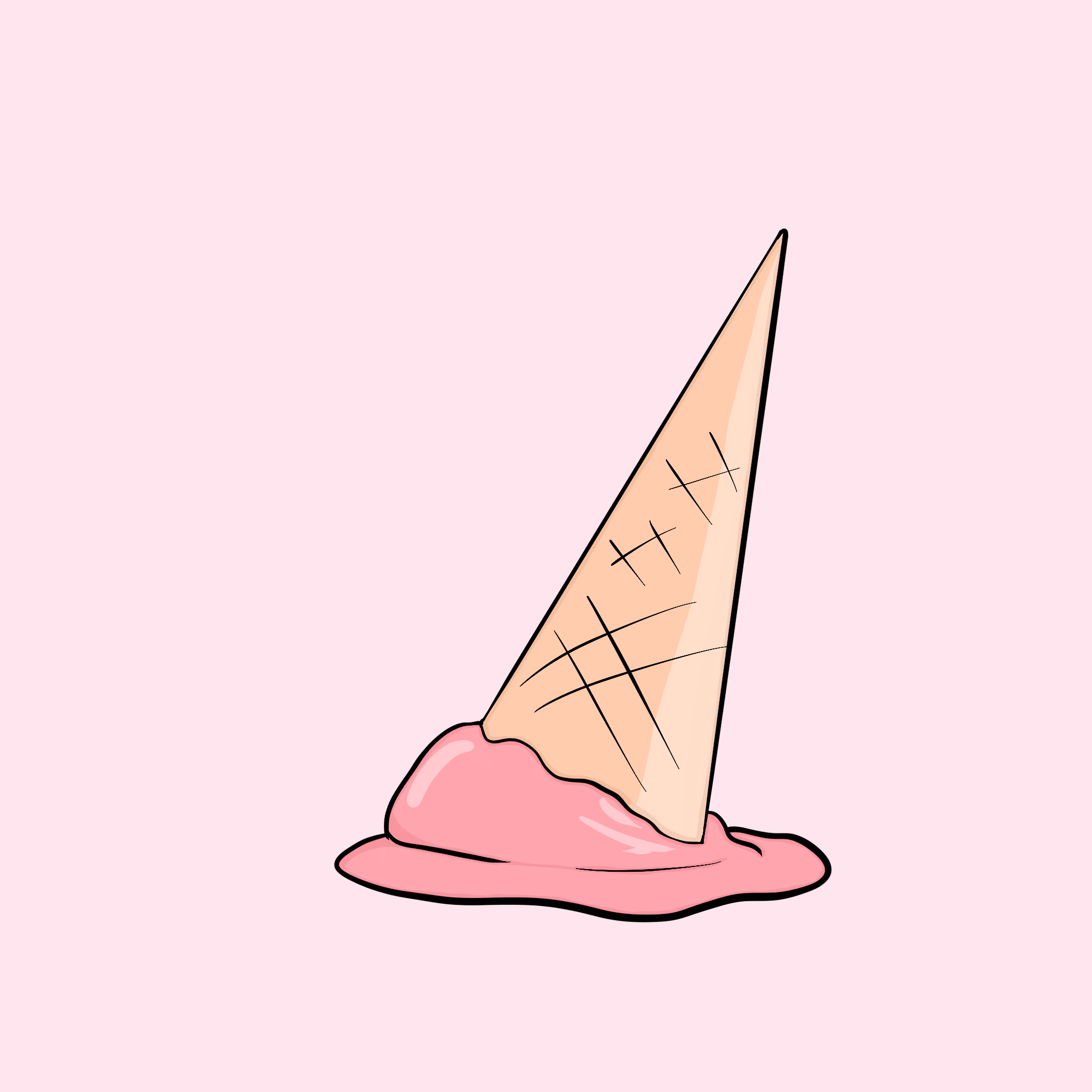 Illustration of a fallen ice cream cone with pink ice cream on a light pink background.