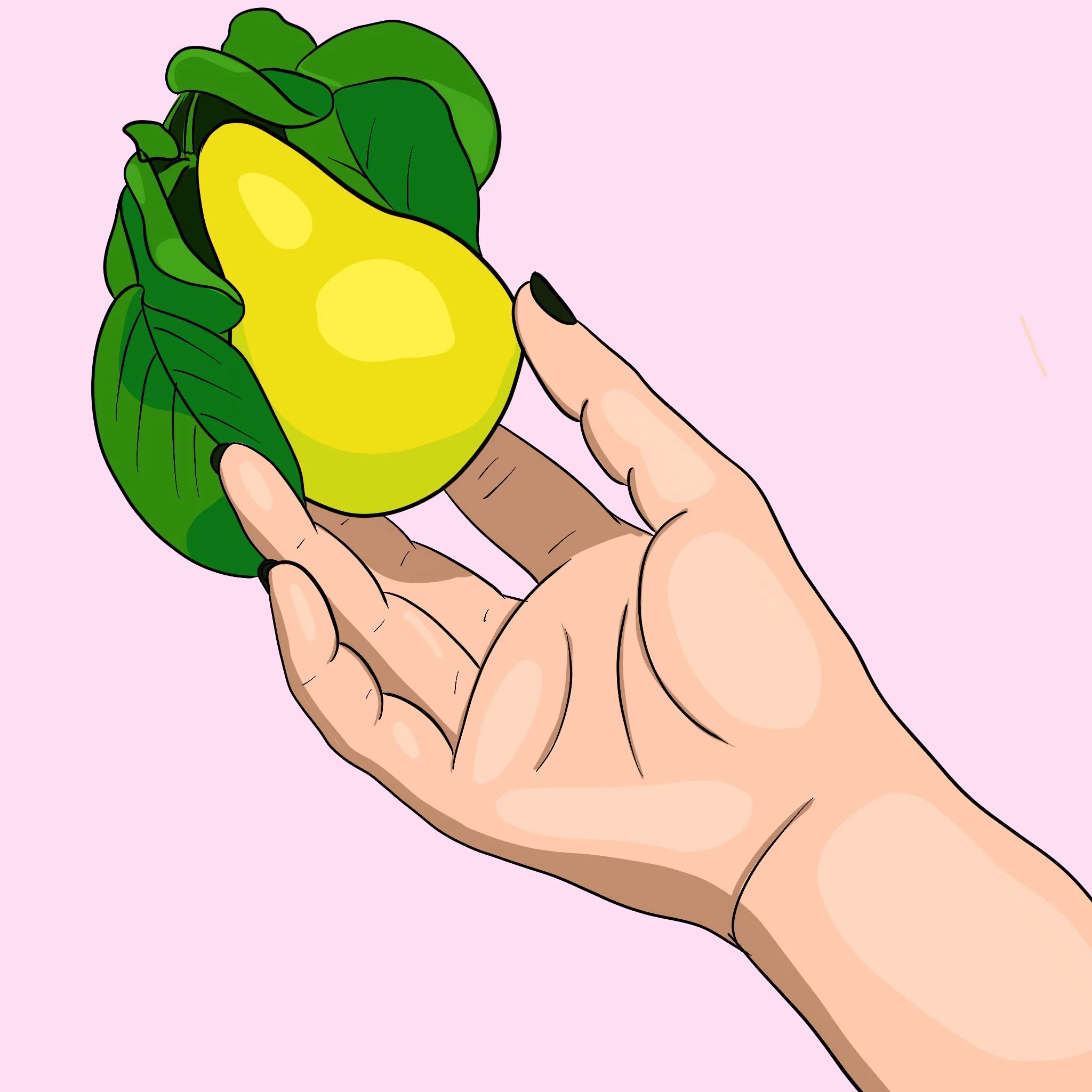 Illustration of a hand holding a yellow pear surrounded by green leaves against a pink background.
