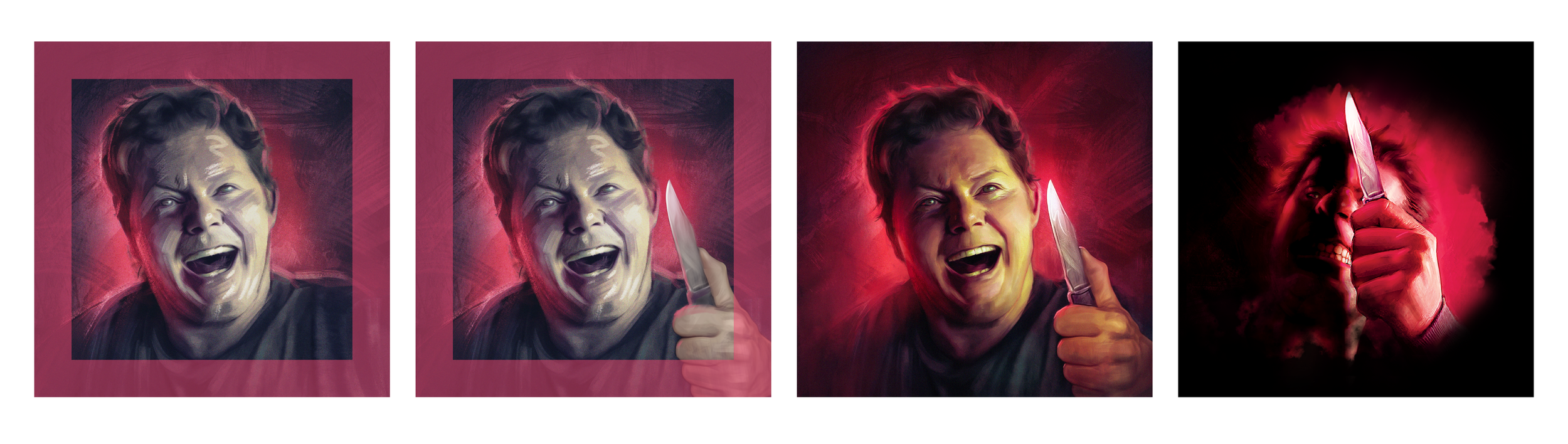 Art direction process for Henry Bowers character piece. We needed to get further away from the actor's likeness- putting the character's face in shadow and bringing the weapon to the front was a great solve and made him even more sinister.