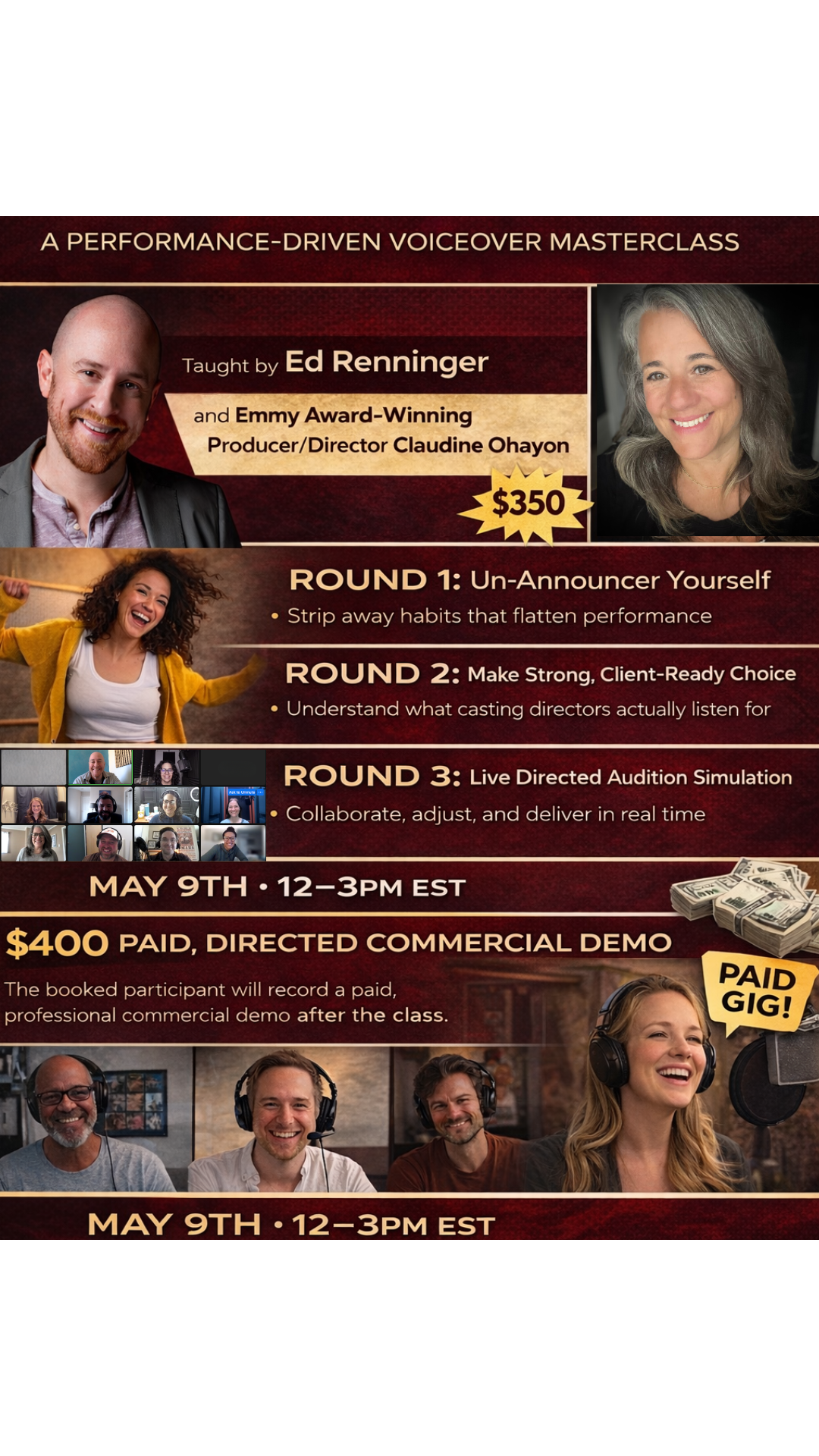 Advertisement for a voiceover masterclass taught by Ed Renninger and Claudine Ohayon, scheduled for May 9th from 12 to 3 PM EST, costing $350, with a paid commercial demo included.