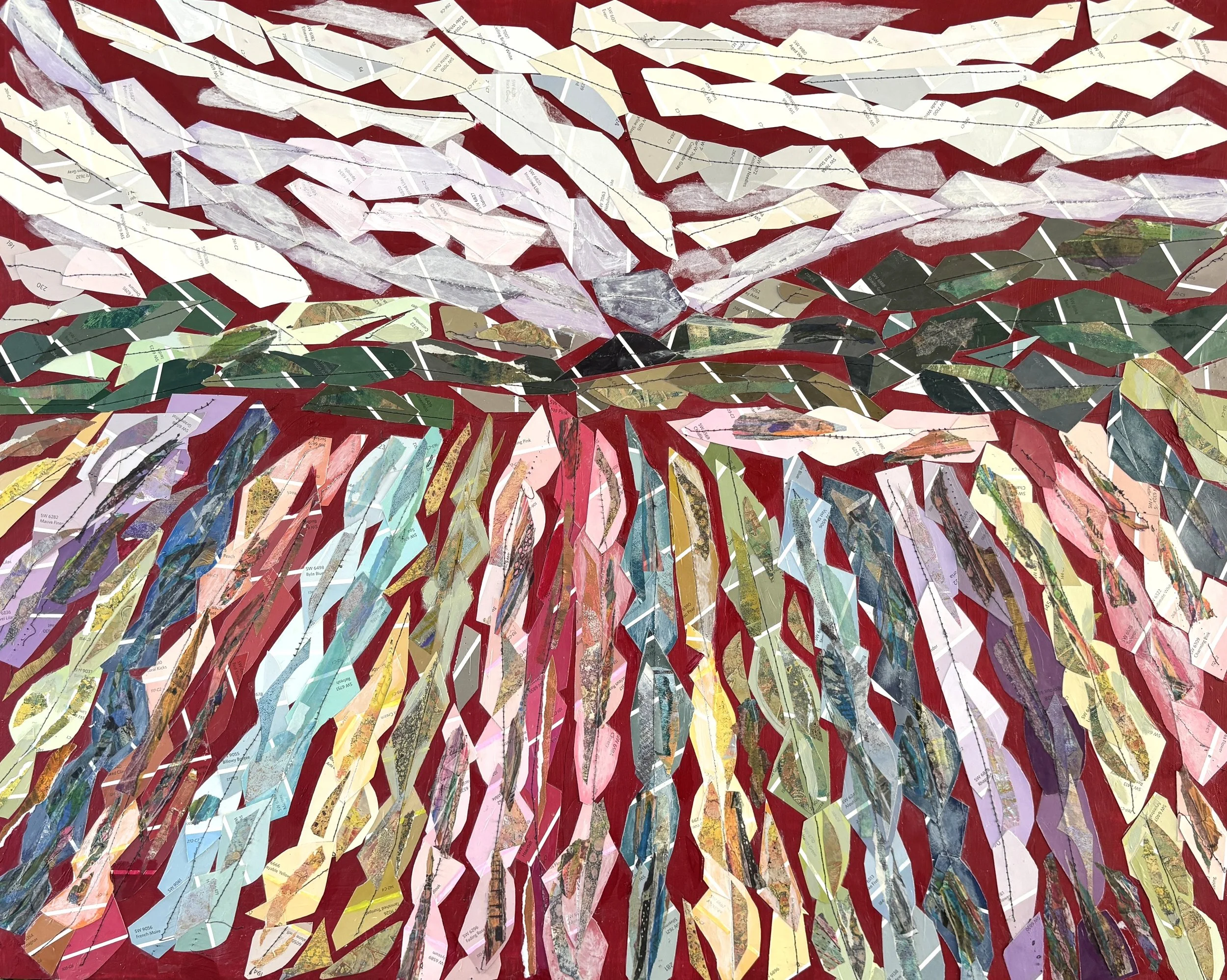 Discover Meadow Sewn in Light, a colorful 30 x 24 inch original mixed-media collage by Beth LaPenna, created with Sherwin-Williams paint strips and stitching.