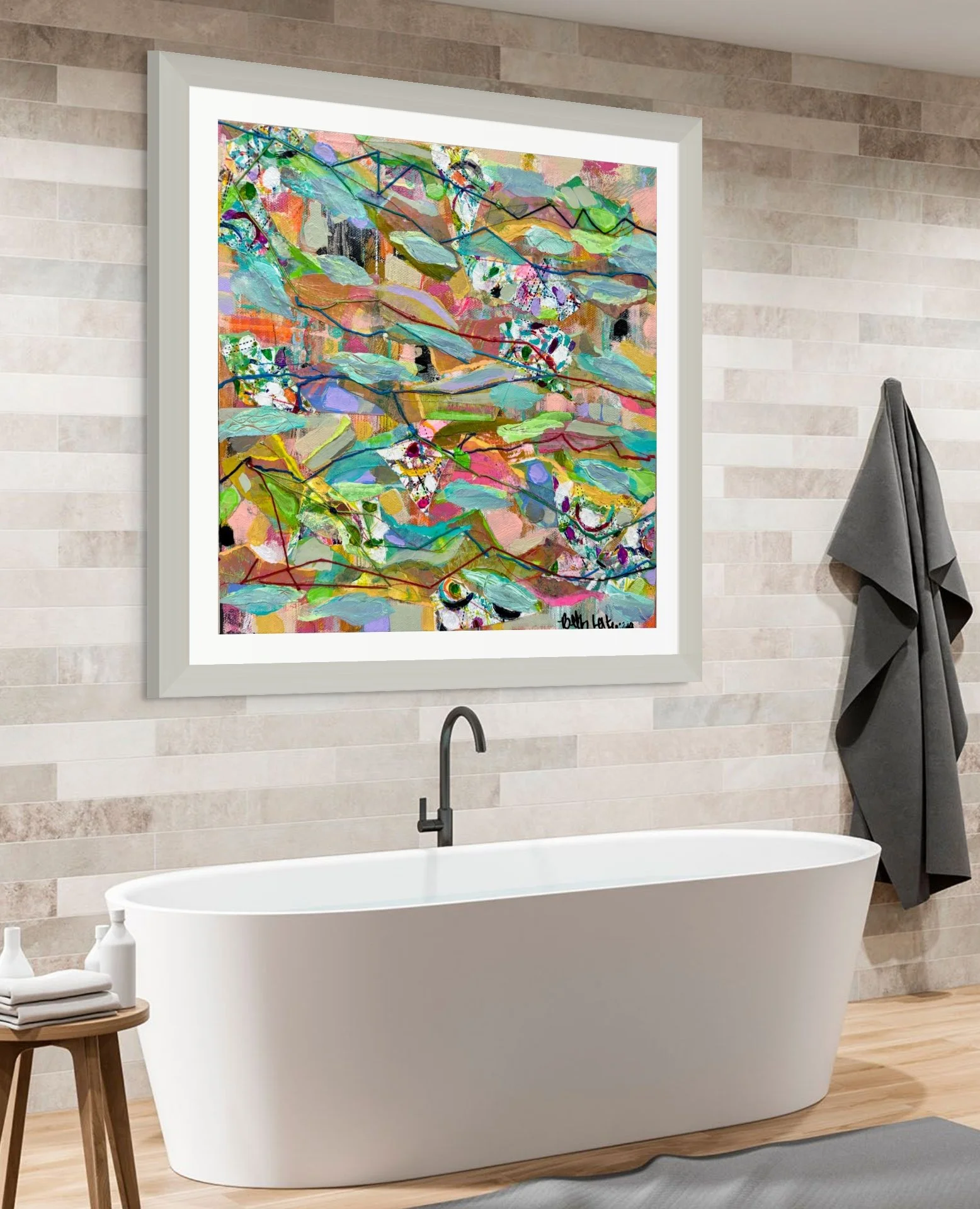 Enchanted Hills is a layered abstract mixed-media artwork with hand stitching, expressive color, and rich texture by contemporary artist Beth LaPenna.