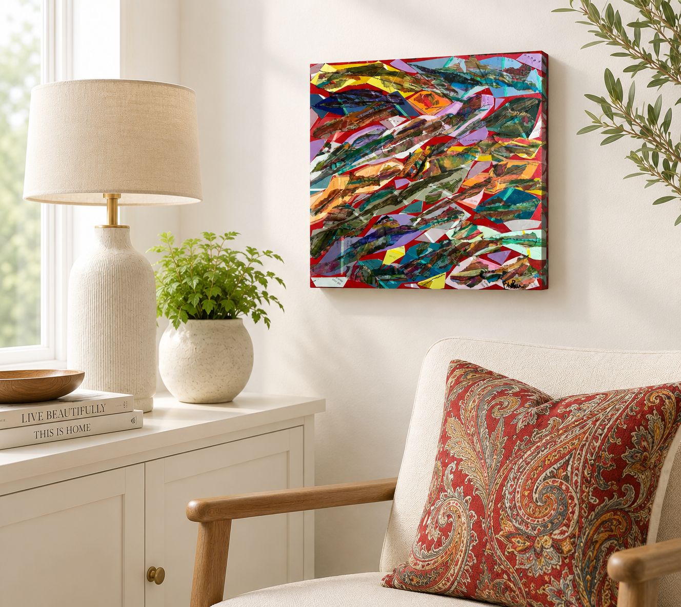Summit Rise by Beth LaPenna, a 10×10 original abstract made from cut and sewn Sherwin-Williams paint sample strips, displayed in a contemporary living room.