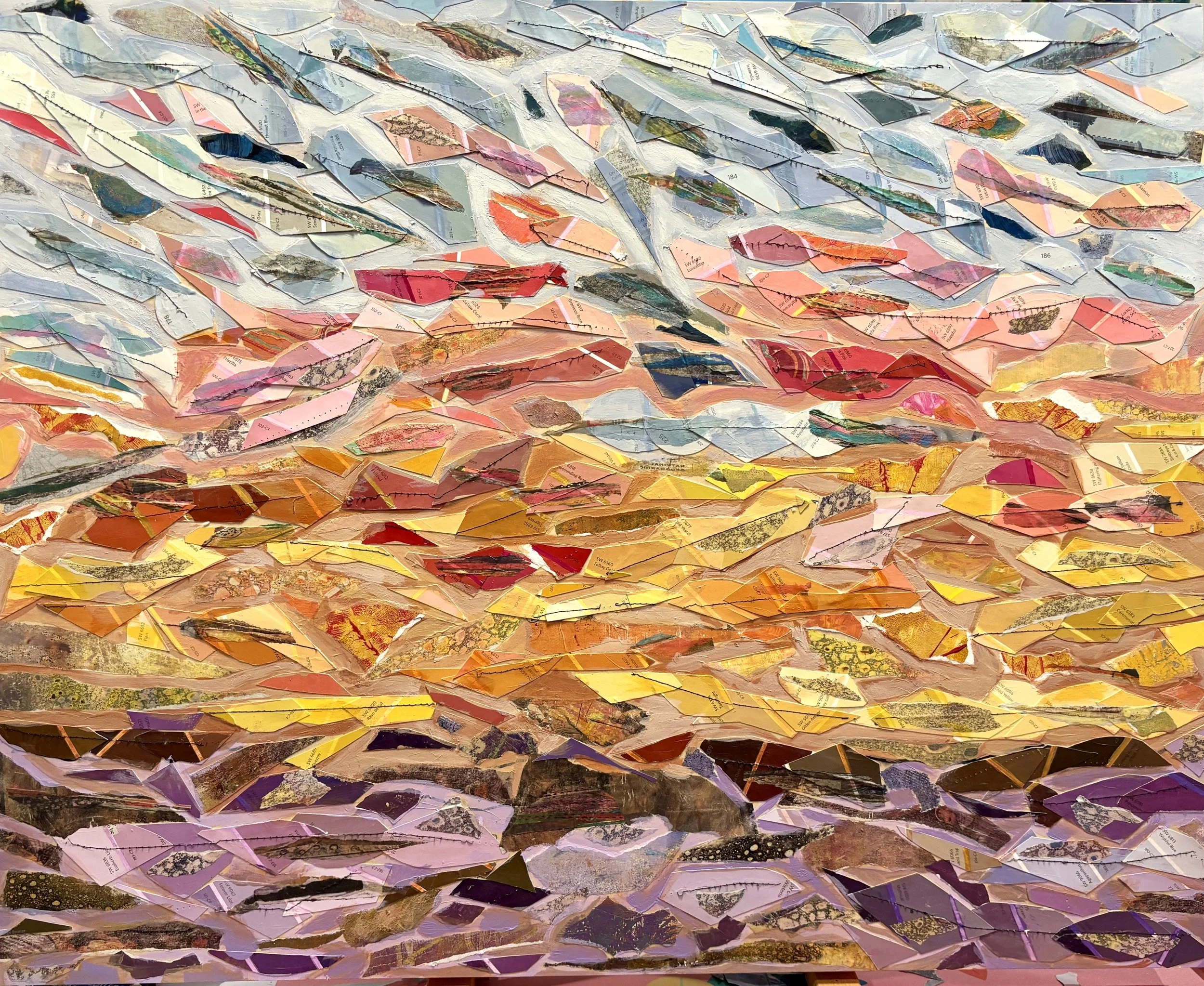 Amethyst Dawn, original abstract stitched collage by Beth LaPenna featuring layered paint chip fragments in blue, coral, gold, and violet.
