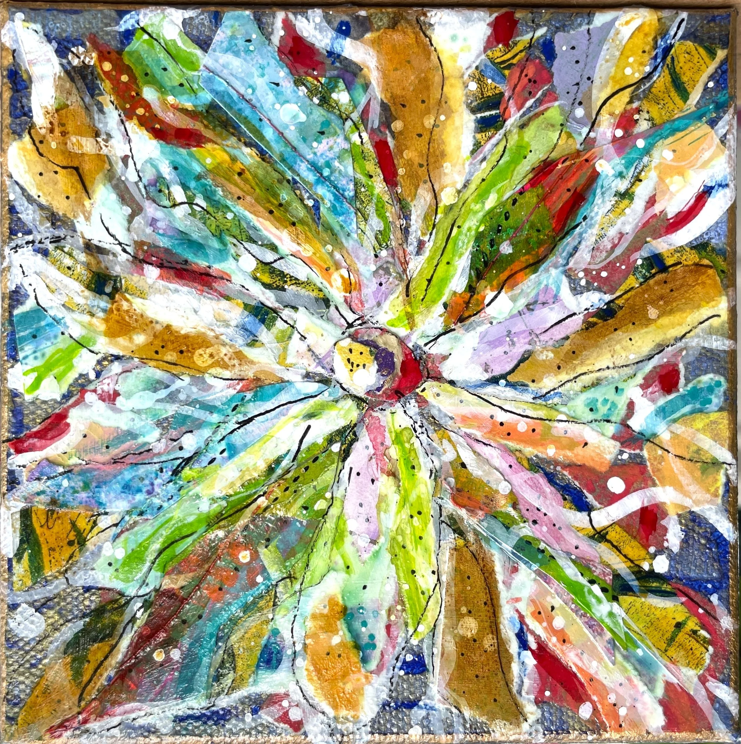 Original floral abstract collages made with layered hand-painted papers, expressive mark-making, and vibrant color. One-of-a-kind contemporary mixed-media artwork inspired by nature.