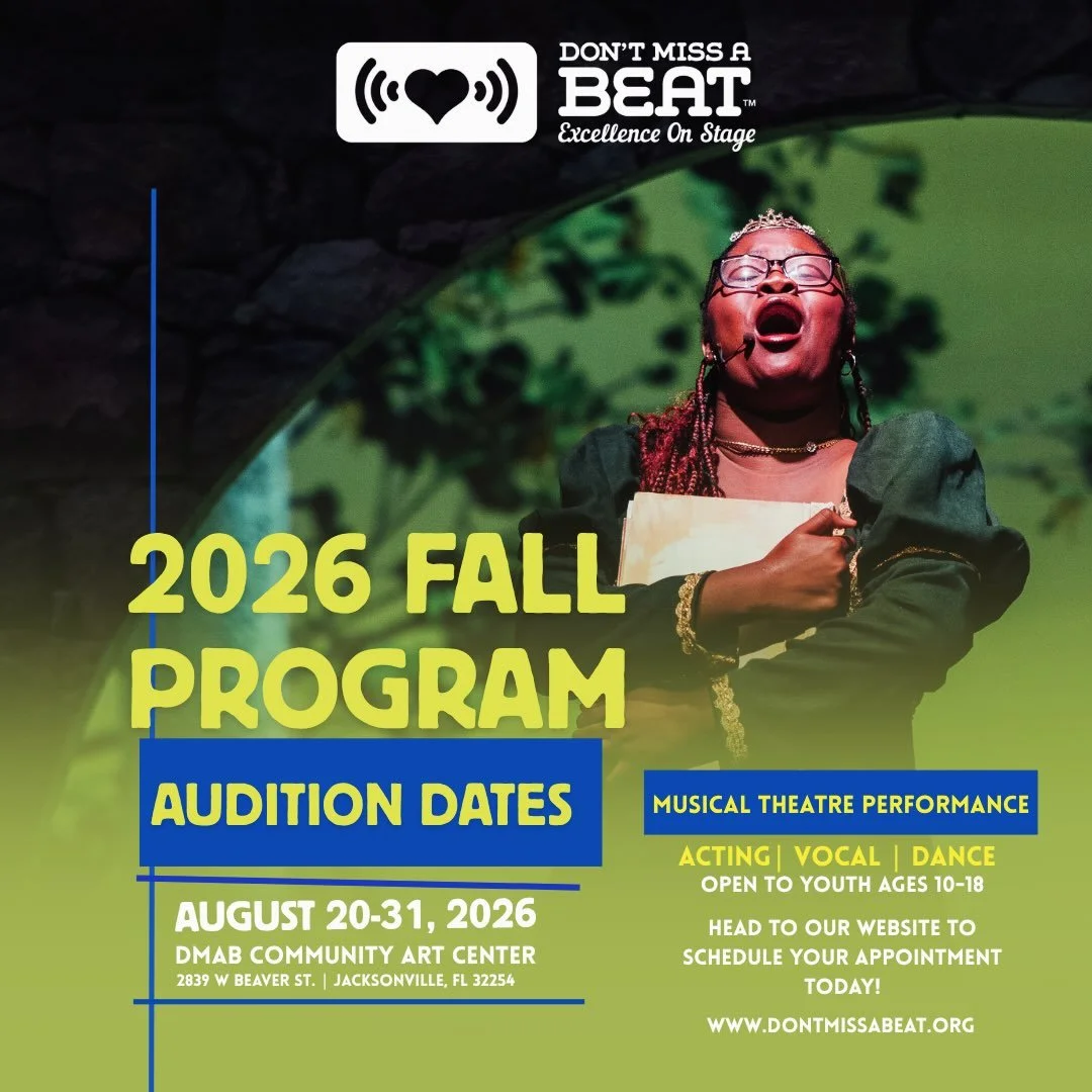 DMAB Fall Program Session Auditions are underway.

Join the Don&rsquo;t Miss A Beat Experience and sign up for your audition today.

Please note that auditions are by appointment only, between the hours of 5:00 and 6:30 PM.

Open to youth Ages 10-18
