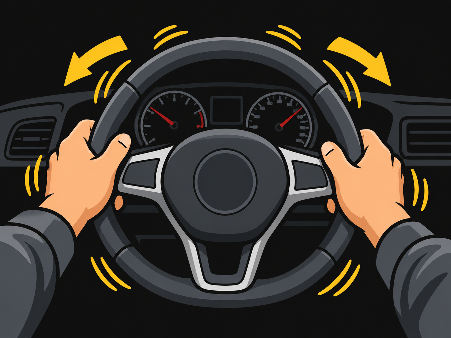 Illustration of a driver holding a shaking steering wheel during braking