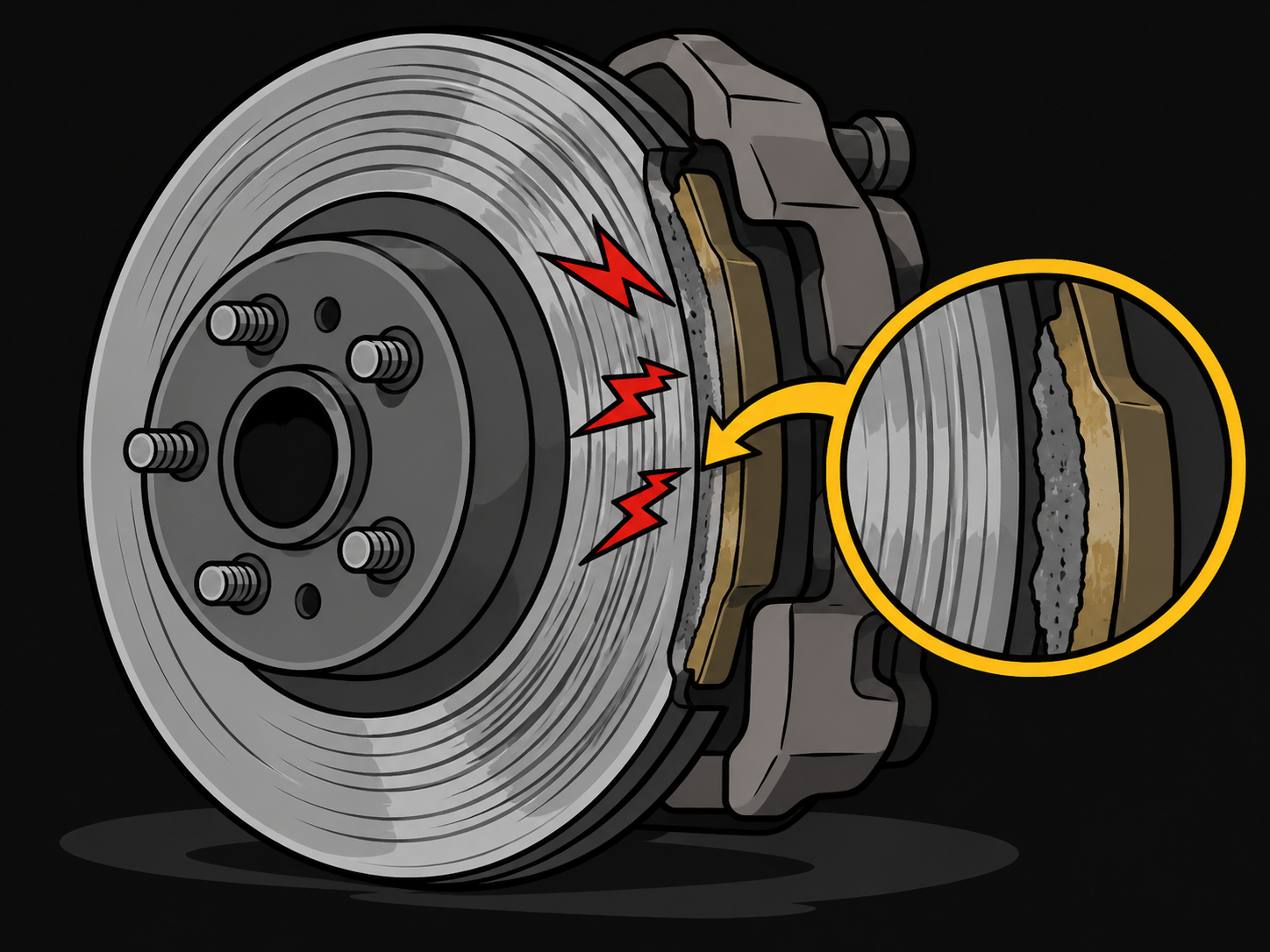 Illustration of a worn brake pad and scored rotor with grinding marks