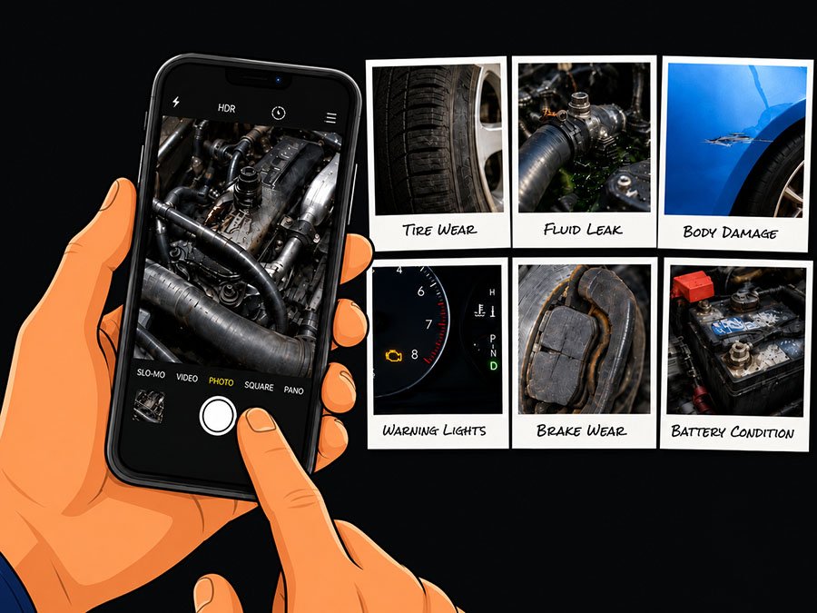 Graphic representing inspection photos documenting vehicle condition and visible issues.