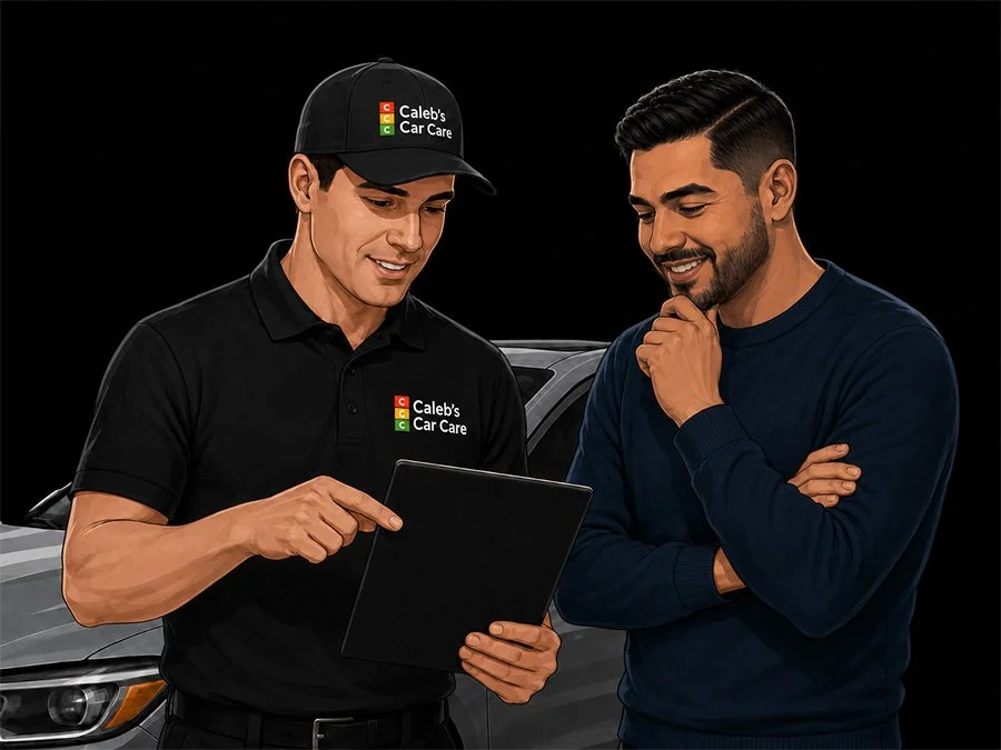 Graphic representing technician explaining an estimate from Caleb’s Car Care.