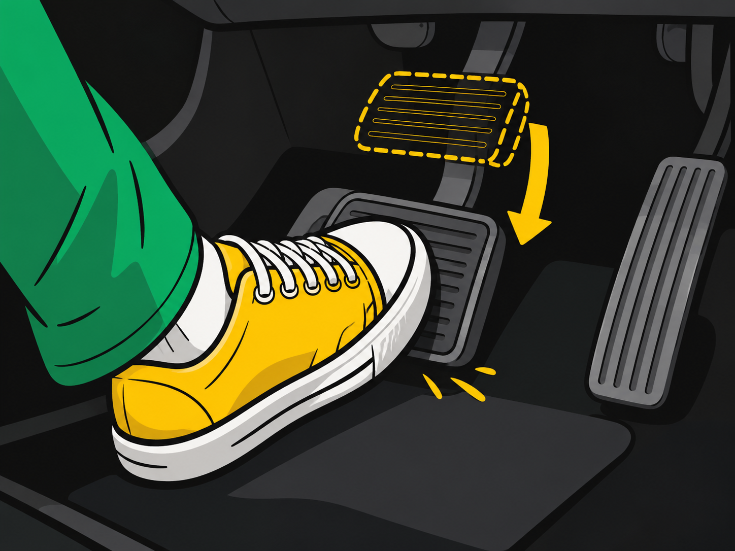 Illustration of a brake pedal traveling unusually low beneath a driver's foot