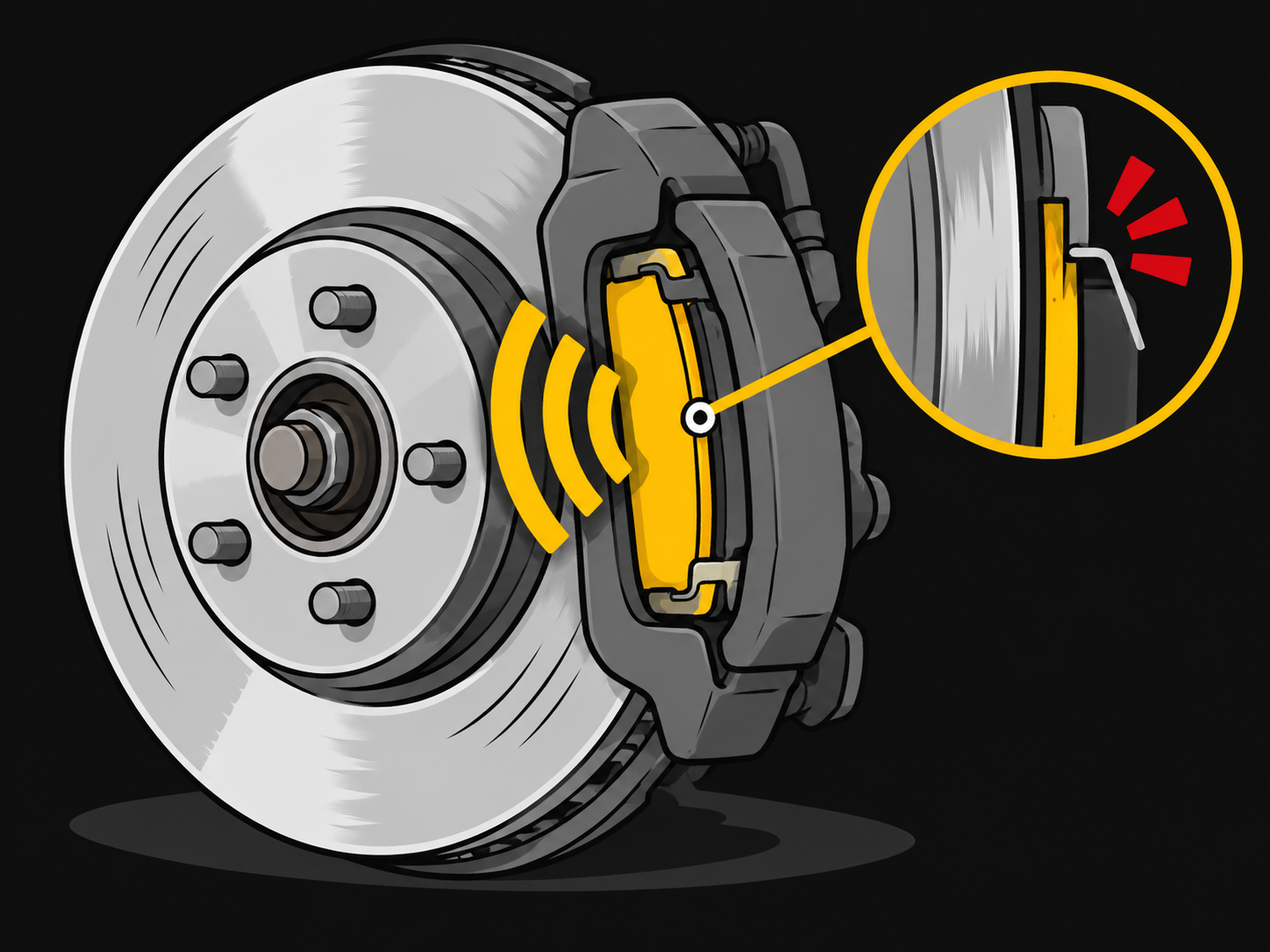 Illustration of a brake pad wear indicator contacting a rotor, with sound waves showing squealing