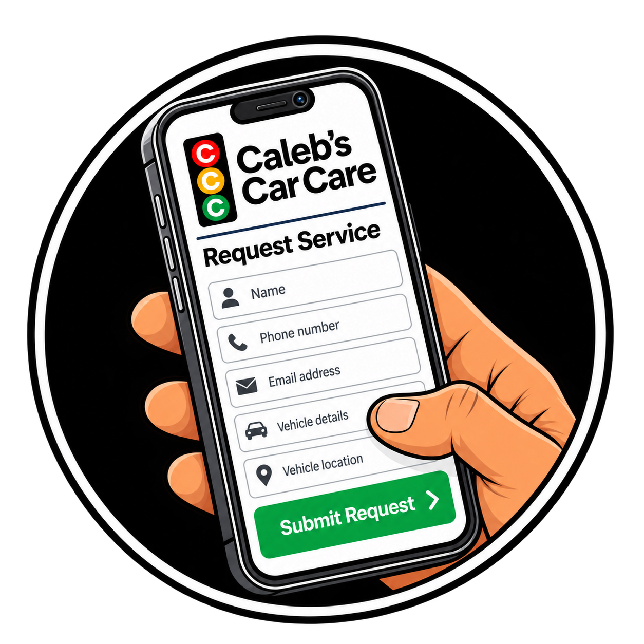 Illustration of a hand using the Caleb’s Car Care service request form on a phone