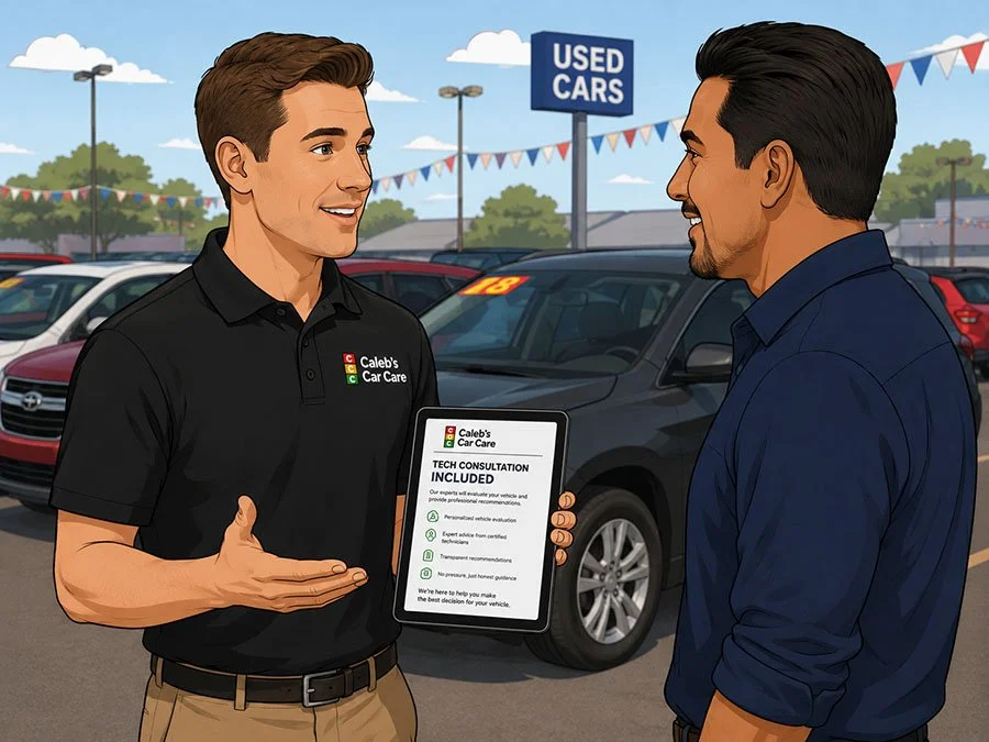 Graphic representing a tech consultation after a used car pre-purchase inspection.